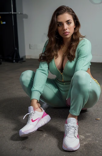 (retouched:1.6), fitness woman, sneakers, studio,Lola Bunny, curvy and beautiful, green custom Luis Vuitton sweatsuit, and white Nike Airmax tennis shoes, gold chains and rings