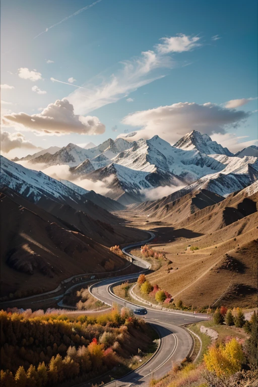 tmasterpiece,highest qualityr,CG unidad 8k fondo de pantalla,super delicate,Hermosos cielos y nubes,Ricos paisajes naturales,Autumn in Xinjiang,Carreteras,Bosque de abedules,snow mountains