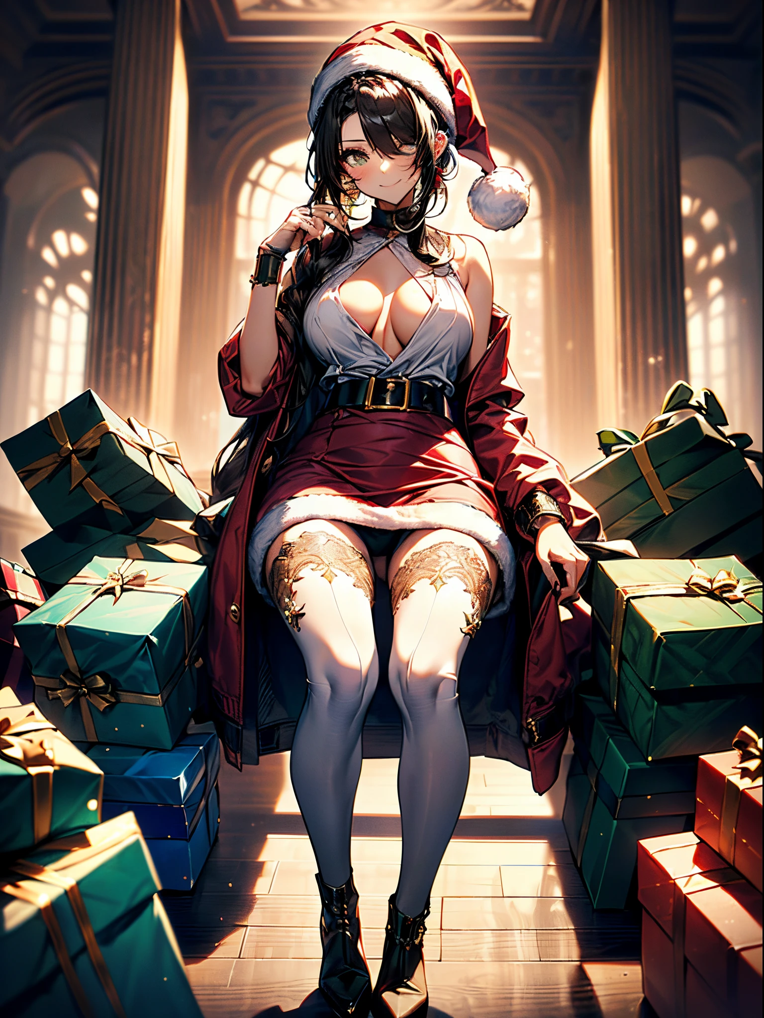 (Scine of Xmas events in Casino:1.3), ((matured girl wearing Sexy Santa clause costume with far:1.3, red dress with green, holding a present box in both hands to give viewers:1.2, close to viewers:1.2)), a matured woman with long black hair and a red outfit, red winter coat with bore, scarfs, green ribbon tie, knee length long boots, red and green winter outfits, holding present box with wrapping by ribbon:1.5, Christmas tree decorated with many ornaments:1.2, white bags on a sled, wearing red pencil skirt, Arabic, bodyesbian, fine details, beautiful anime illustration, 28 years old, (milf:1.3), (solo:1.5), (sfw:1.25), (sagging breast, fuge breasts, big tits, thin waist, big ass:1.2), Raised sexy, (dark mahogany medium short hair, updo, hair over one eye, asymmetric hair, Carly hair, low tied braids), (musulman, white Headscarfs, hair bands, head vandage, Turban), (ultra high resolution, 8K RAW photo, photo realistics, thin outline:1.3, clear focus), best qualtiy, cinematic lighting, textile shading, blurry back ground, field of depth, bokeh, (Bright pupils, fine detailed beautiful eyes with highlight:1.3, super detailed eyes, high detailed face), Red lip, fine realistic skins:1.1, looking at viewers:1.3, (dynamic angle:1.3, full body:0.6, front view:1.1, breast focus:1.3, from above:1.2), (dynamic posing:1.5, sexy posing:1.2, sitting with holding knees:1.3, leaning forward:1.2), (seductive, shy happy smile:1.4), centered image, (wearing red long coat with bore and clothes, ((bare breast:1.37)), gold ornaments, rolling red clothes around waist, dark red long leather boots:1.3, translucent white lace pantyhose), (((correct anatomy:1.5, perfect hands:1.5, ideal ratio body proportions:1.37))), (in a night:1.3),