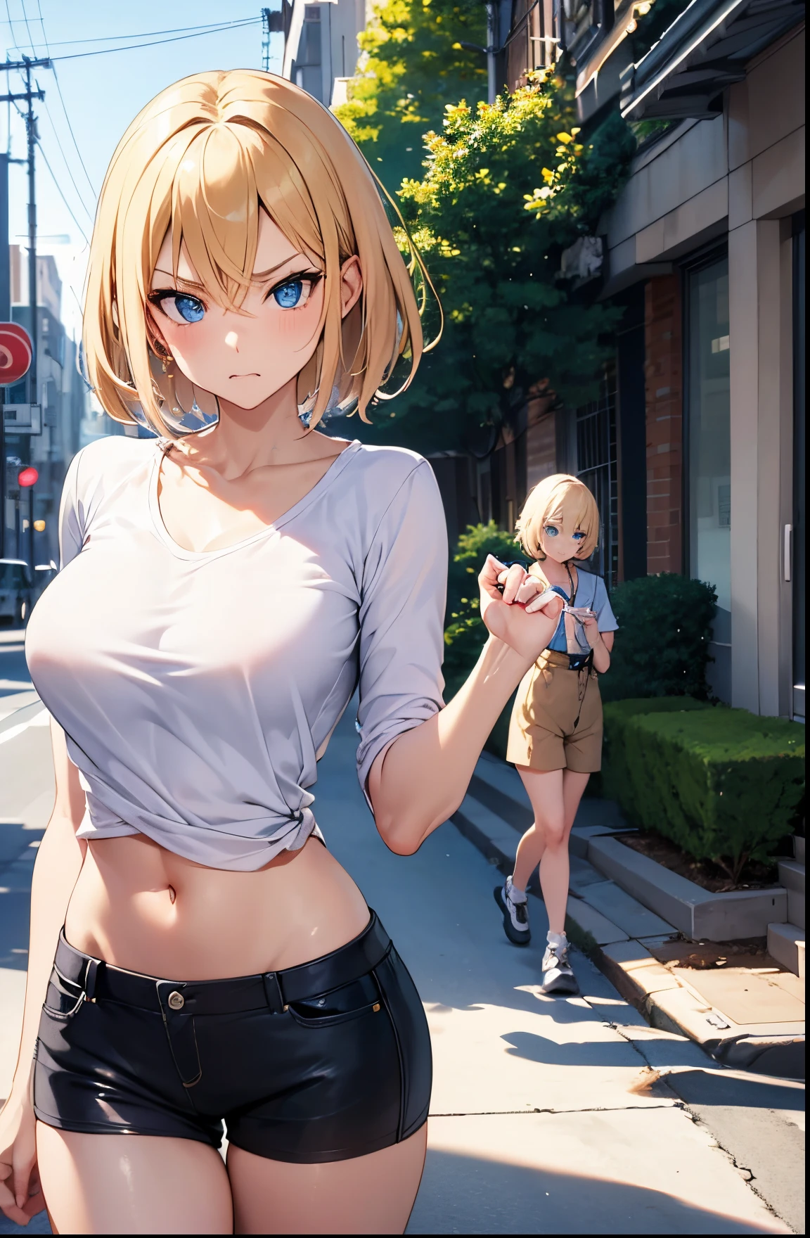 2D Anime Style、Blue eyes、Beautiful shining eyes, (Talented lo-fi:1.3),breasts are slightly larger、high and beautiful nose,Beautiful face with slender contours,A cool adult woman with short blonde hair and an angry expression...................、Biting your lip,teeth are slightly visible,Fashion that shows off your stomach, he is wearing a shirt and shorts。。。。。。..,walking down the streets of america,
