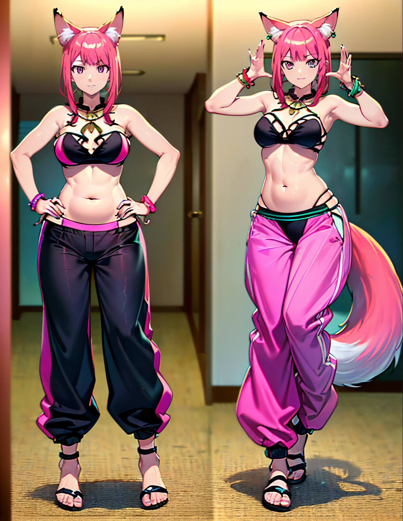 (best quality, 4k, 8k, highres, masterpiece:1.2), ultra-detailed, (((fox girl))), ((pink hair)), ((full body)), ((perfect body)), (((standing pose))), (((very baggy and long harem belly dance pants))), ((perfect pants)), ((detailed pants)), ((strapless bikini top)), ((jewelry)), ((perfect clothes)), ((fully detailed)), illustration, vivid colors