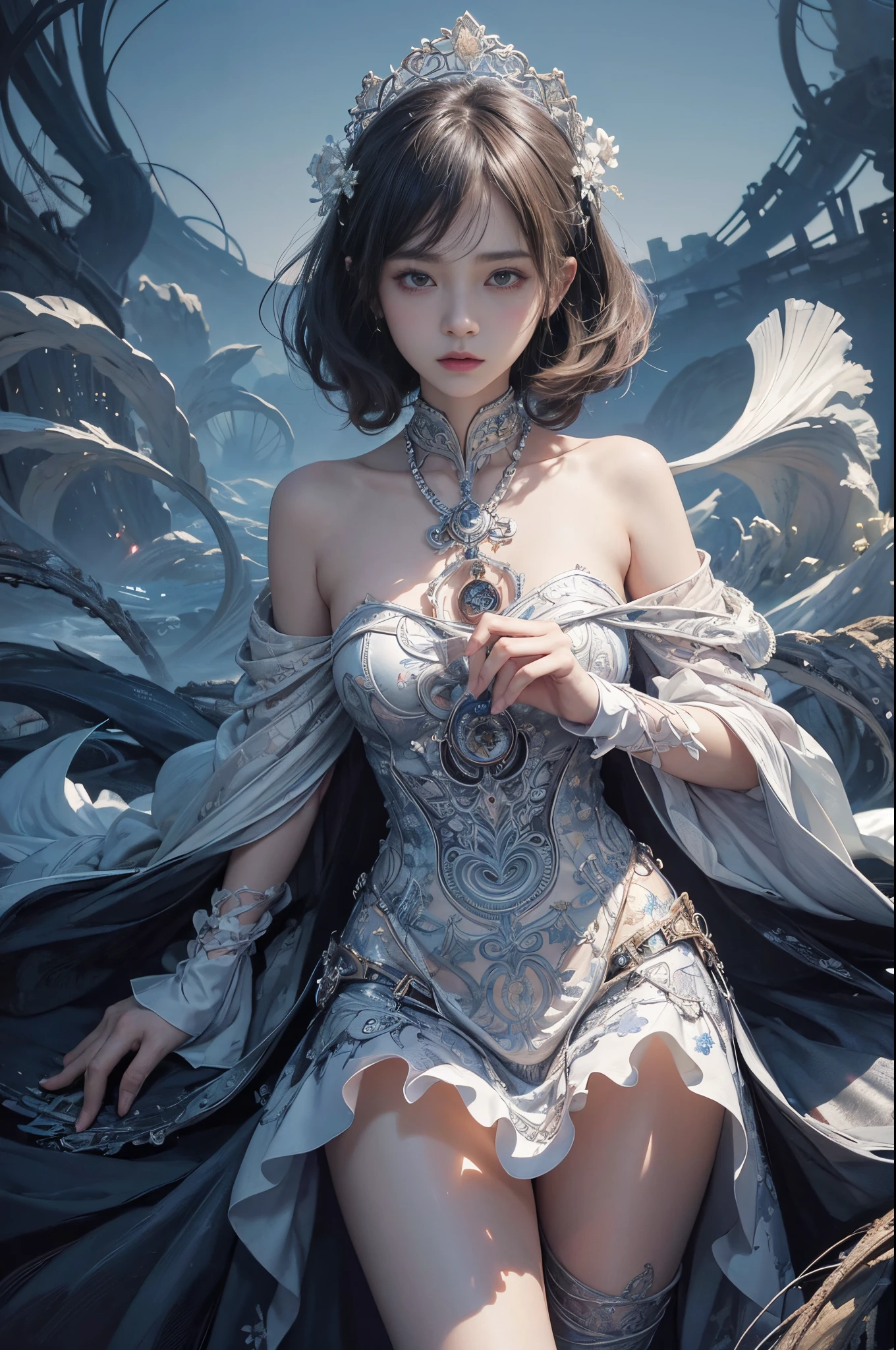 official art, unity 8k wallpaper, ultra detailed, beautiful and aesthetic, masterpiece, best quality, (zentangle, mandala, tangle, entangle), (fractal art:1.3) , 1girl, extremely detailed, dynamic angle, cowboyshot, the most beautiful form of chaos, elegant, a brutalist designed, vivid colours, romanticism, by james jean, roby dwi antono, ross tran, francis bacon, michal mraz, adrian ghenie, petra cortright, gerhard richter, takato yamamoto, ashley wood, atmospheric, ecstasy of musical notes, streaming musical notes visible