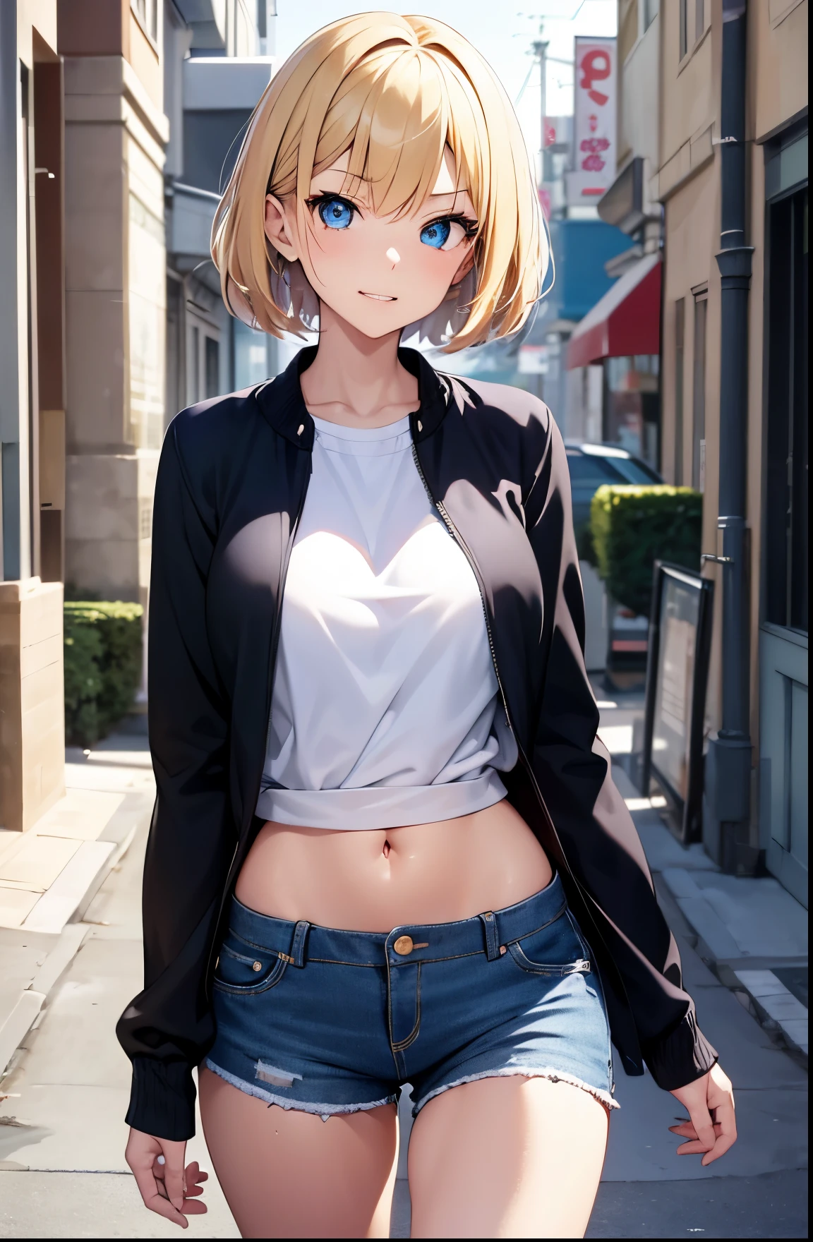 2D Anime Style、Blue eyes、Beautiful shining eyes, (Talented lo-fi:1.3),breasts are slightly larger、high and beautiful nose,Beautiful face with slender contours,A cool adult woman with short blonde hair and a sharp expression....................、Biting your lip,teeth are slightly visible,Fashion that shows off your stomach, he is wearing a shirt and shorts。。。。。。..,walking down the streets of america,