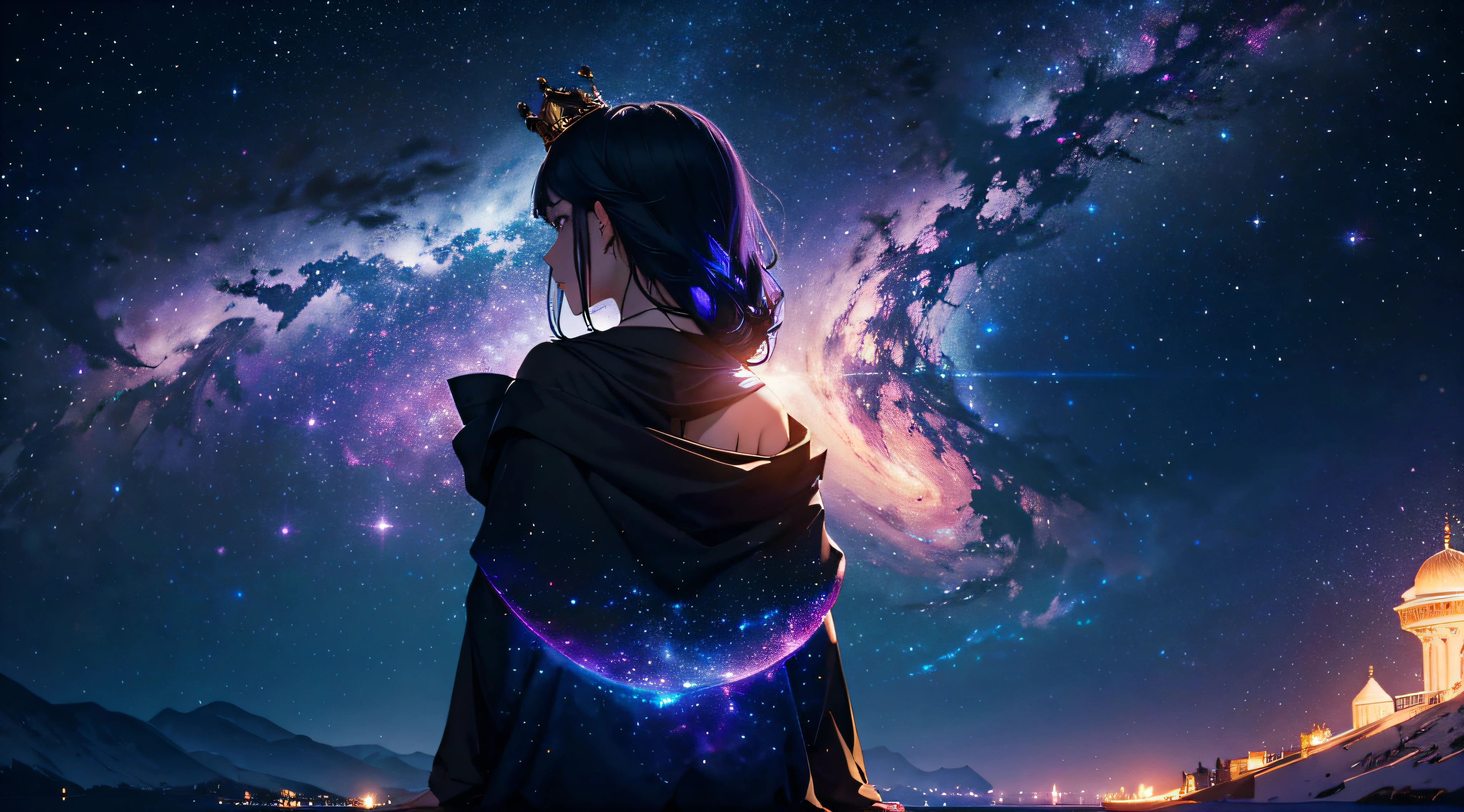 "Take a silhouette photo of a person looking up at the night sky. In the digital manipulation process, infuse the image with celestial elements and a mystical ambiance. Highlight the sky with cosmic tones, misturando roxos profundos, blues, and hints of iridescent light. Introduce ethereal constellations, creating patterns that tell a unique story. Coloque um brilho celestial sutil ao redor da figura, portraying a connection with the cosmic energy above. Experimente incorporar texturas semelhantes a nebulosas na silhueta, giving it a supernatural essence. Lastly, add a touch of stardust or light particles, Creating a dreamy and magical atmosphere. Adicionalmente, inclua uma coroa em forma de eclipse lunar na silhueta escura, adornado com tons dourados. The goal is to transform a simple nighttime look at the sky into a celestial daydream., capturing the viewer's imagination with a sense of wonder and awe."