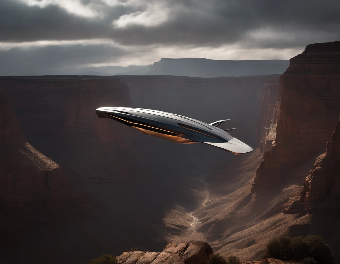 A huge spaceship is descending ina canyon, in the style of Olivier Valsecchi, distressed materials, traincore, earthworks, iconic, cinematic