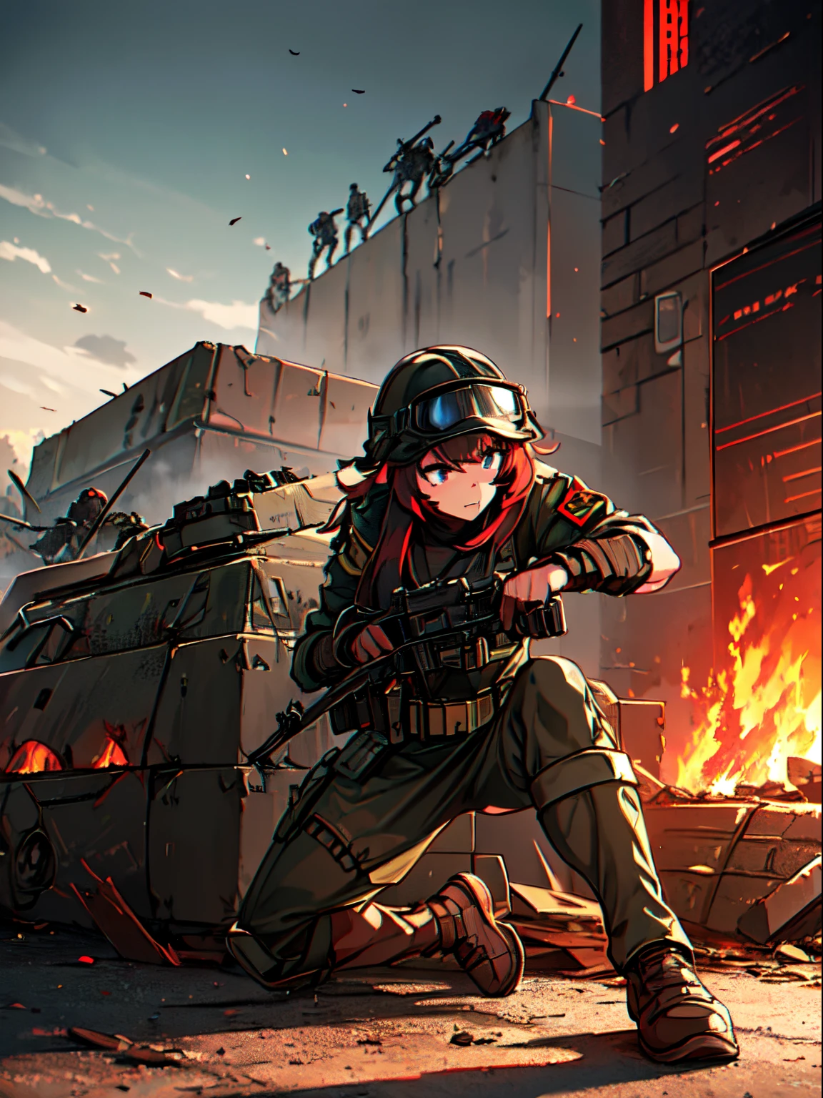 a girl in war uniform, intense expression, holding a powerful gun, combat scene, smoke and dust in the background, bullet casings on the ground, damaged buildings, bunker, camouflaged soldiers, military equipment, explosions, adrenaline rush, fearless, relentless determination, battlefield chaos, tactical maneuvers, adrenaline-pumping action, warzone atmosphere, unyielding spirit, warrior's resolve, danger-close encounters, war-torn landscape, explosions and gunfire, precision aiming, military strategies, courage under fire, heroism on the front lines, call of duty, warzone chaos, survival instincts, intense firefight, battle-hardened soldier, uniformed comrades, combat gear, night vision goggles, protective helmet, abandoned tanks, war-ravaged city, perseverance, tactical awareness, unwavering focus, victory or death, war heroine, adrenaline-fueled battle, protecting comrades, firepower superiority, bravery in the line of fire, steely-eyed determination, expert marksmanship, combat agility, battlefield tactics, unbreakable spirit, indomitable willpower, battle-weary soldiers.