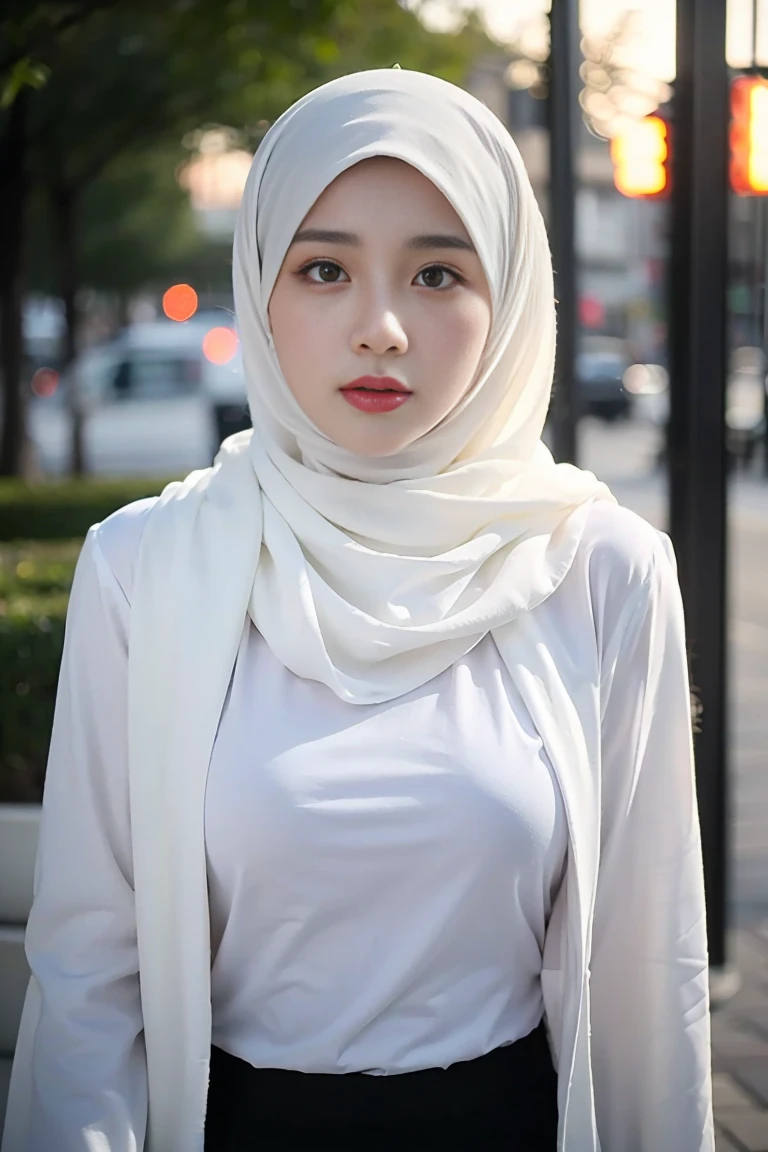 (Best quality, masterpiece) ,(nikon RAW photo, 8 k, Fujifilm) , 1girl, mature female, (hijab, white hijab:1.2) , casual outfit, medium breast, professional lighting, dramatic lighting, medium close shot, (serious expression), emotionless, looking to viewer, outdoor, depth of field,