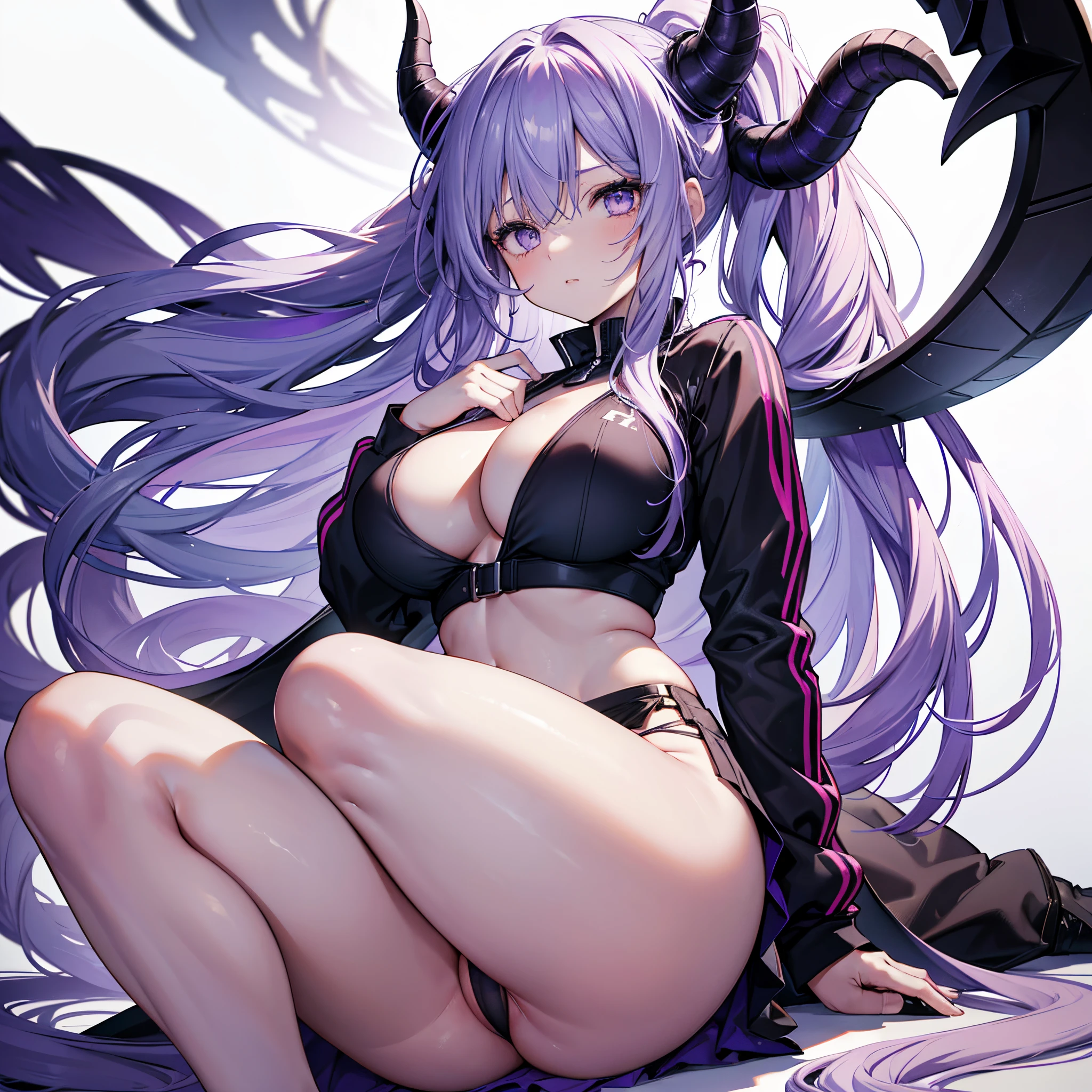 Realistic image, detailed image, 1 girl. She has purple eyes and long light blue hair that ends in shades of darker blue, almost leaning to purple, held in a long ponytail, on the middle part of her face sits a long and wide lock of hair that ends at the height of her nose. She has brownish-toned horns with red engravings that twist back along with her hair, similar to the horns of a goat. She wears a pleated miniskirt. Thin thong. Sport shoes. Large breasts, narrow waist, wide hips and thick thighs. Pouts. Arched back. Bottom view. Thong view. Vaginal lips view. Neutral background. Uniform background. Volumetric light. Ambient light.
