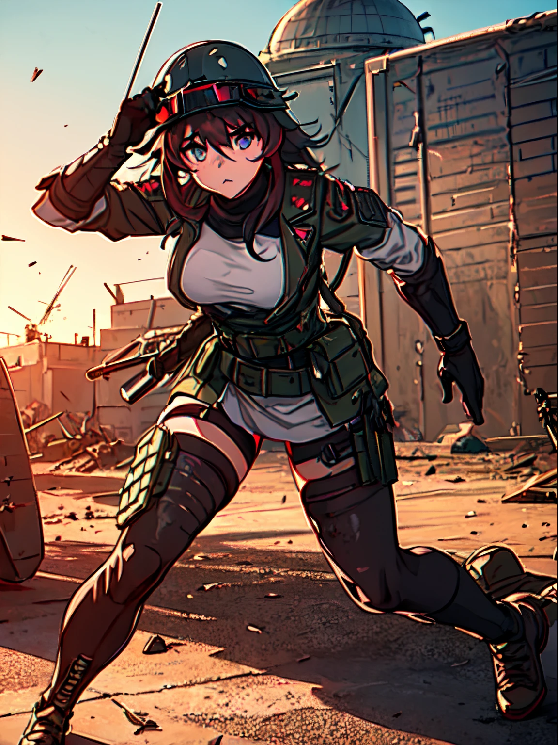 a girl in war uniform, intense expression, holding a powerful gun, combat scene, smoke and dust in the background, bullet casings on the ground, damaged buildings, bunker, camouflaged soldiers, military equipment, explosions, adrenaline rush, fearless, relentless determination, battlefield chaos, tactical maneuvers, adrenaline-pumping action, warzone atmosphere, unyielding spirit, warrior's resolve, danger-close encounters, war-torn landscape, explosions and gunfire, precision aiming, military strategies, courage under fire, heroism on the front lines, call of duty, warzone chaos, survival instincts, intense firefight, battle-hardened soldier, uniformed comrades, combat gear, night vision goggles, protective helmet, abandoned tanks, war-ravaged city, perseverance, tactical awareness, unwavering focus, victory or death, war heroine, adrenaline-fueled battle, protecting comrades, firepower superiority, bravery in the line of fire, steely-eyed determination, expert marksmanship, combat agility, battlefield tactics, unbreakable spirit, indomitable willpower, battle-weary soldiers.