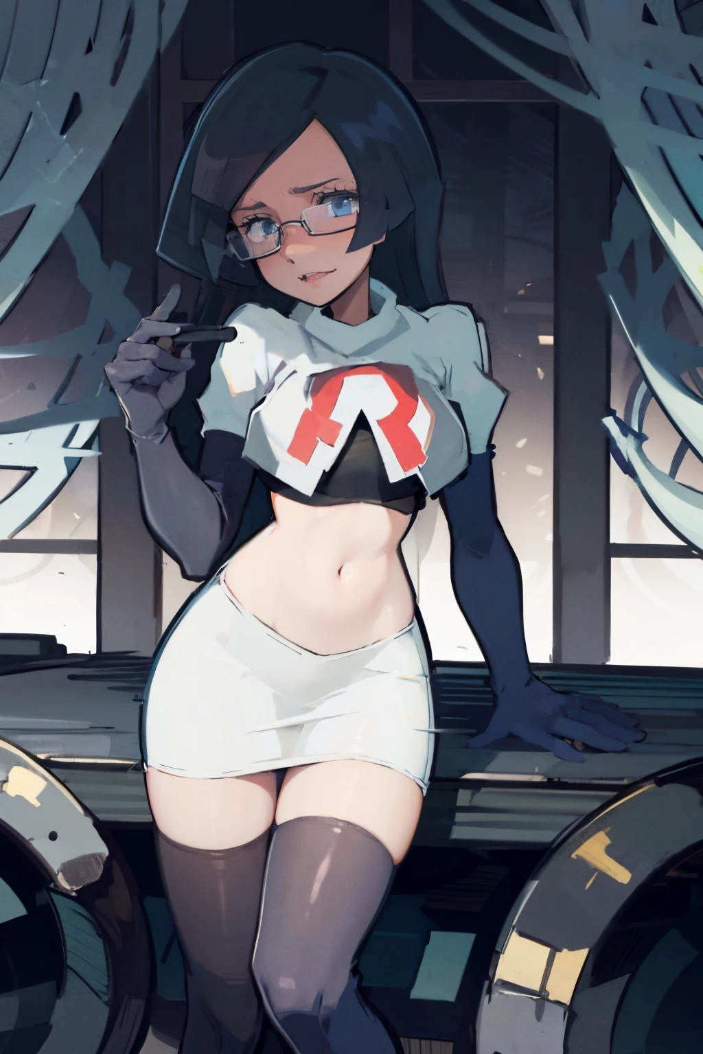 fennel_pk, glasses, team rocket,team rocket uniform, red letter R, white skirt,white crop top,black thigh-highs,black elbow gloves, sinister villianess look,