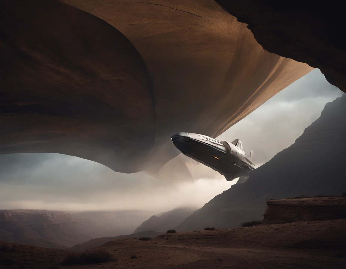 A huge spaceship is descending ina canyon, in the style of Olivier Valsecchi, distressed materials, traincore, earthworks, iconic, cinematic