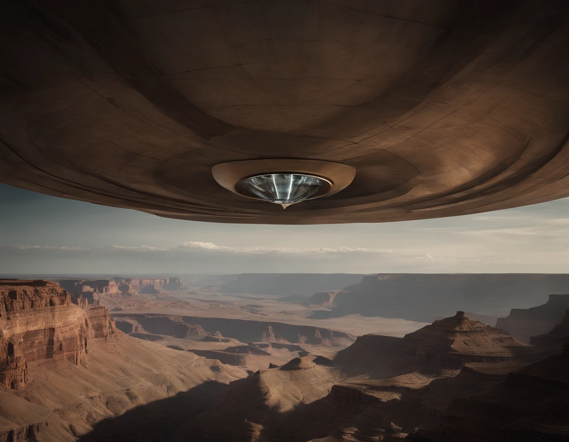 A huge spaceship is descending ina canyon, in the style of Olivier Valsecchi, distressed materials, traincore, earthworks, iconic, cinematic