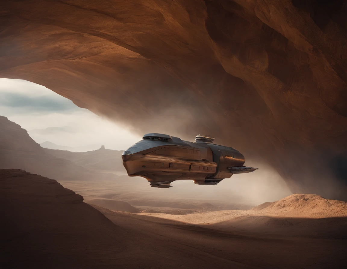 A huge spaceship is descending ina canyon, in the style of Olivier Valsecchi, distressed materials, traincore, earthworks, iconic, cinematic