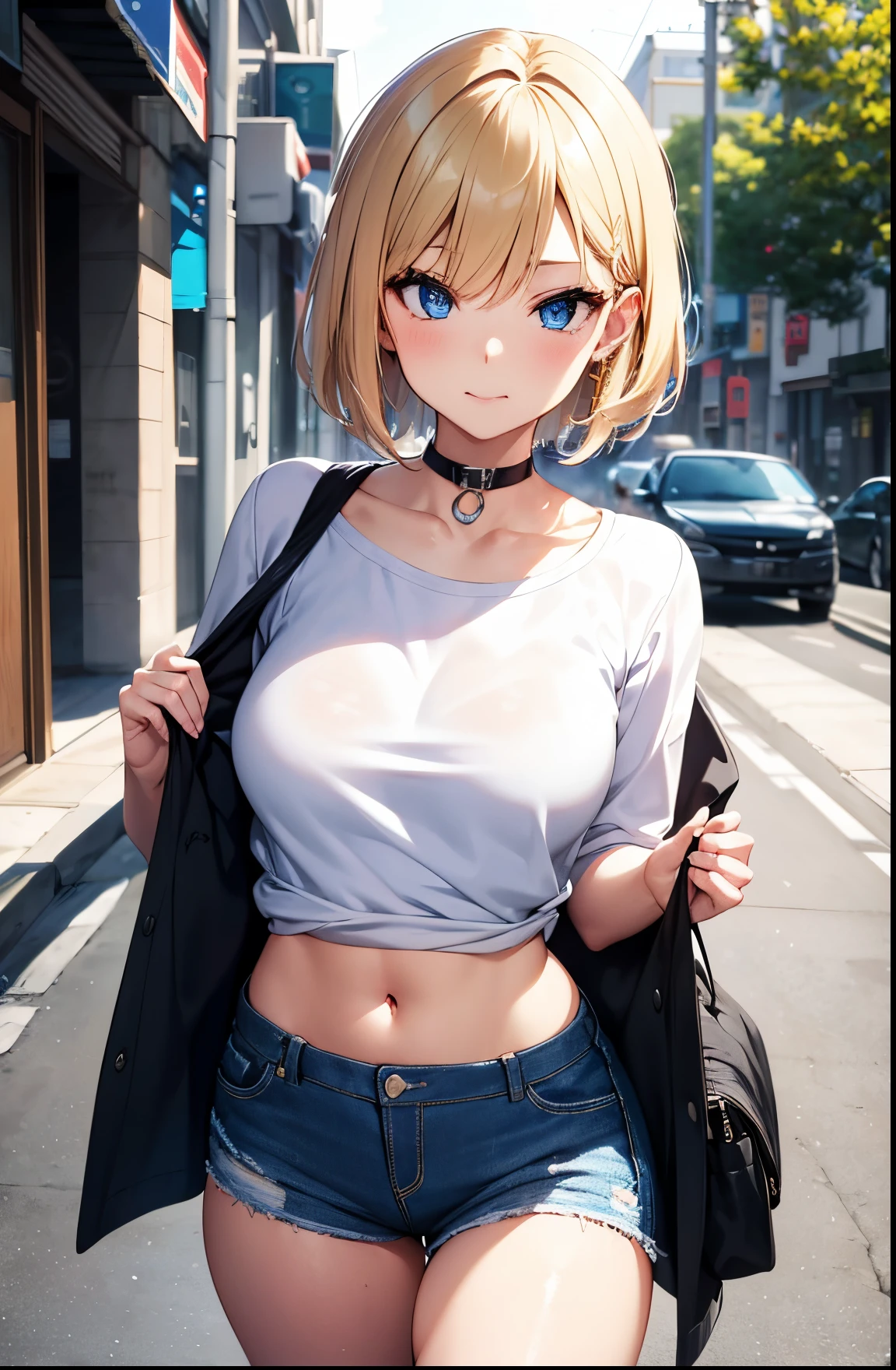 2D Anime Style、Blue eyes、Beautiful shining eyes,  (Talented lo-fi:1.3),breasts are slightly larger、high and beautiful nose,Beautiful profile with a slender outline,A cool adult woman with short blonde hair and an angry expression.....................、Biting your lip,Fashion that shows off your stomach, he is wearing a net top and pants。。。。。。..,walking down the streets of america,