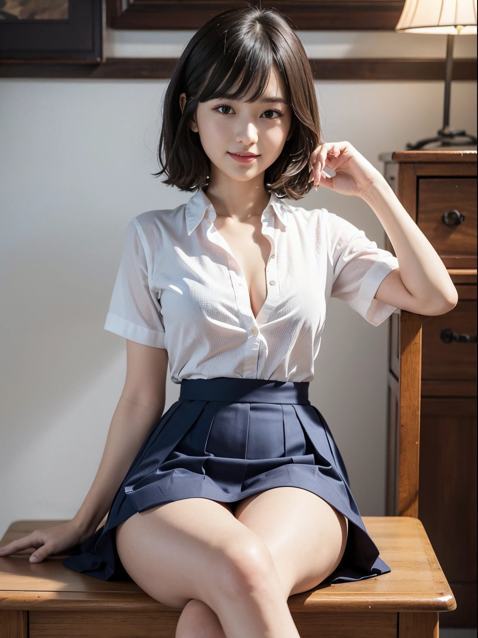 masutepiece、top-quality、ultra-definition、((a 18 year old girl、Beautiful detailed girl))、Smile、short-hair、beautiful detailed eyes and face、extremely detailed eye、Well-formed and cute face:1.2、japanes、goddess of Japan、small head、with round face、hight resolution、tre anatomically correct、accurate depiction、crossing legs and Sitting on the desk、Young gravure idols、poseing、校服、White shirt、Blue skirt、Red tie、White pants、You can see the pants here、bare-legged、large full breasts、Perfect body、good hands good feet、masutepiece、softlighting