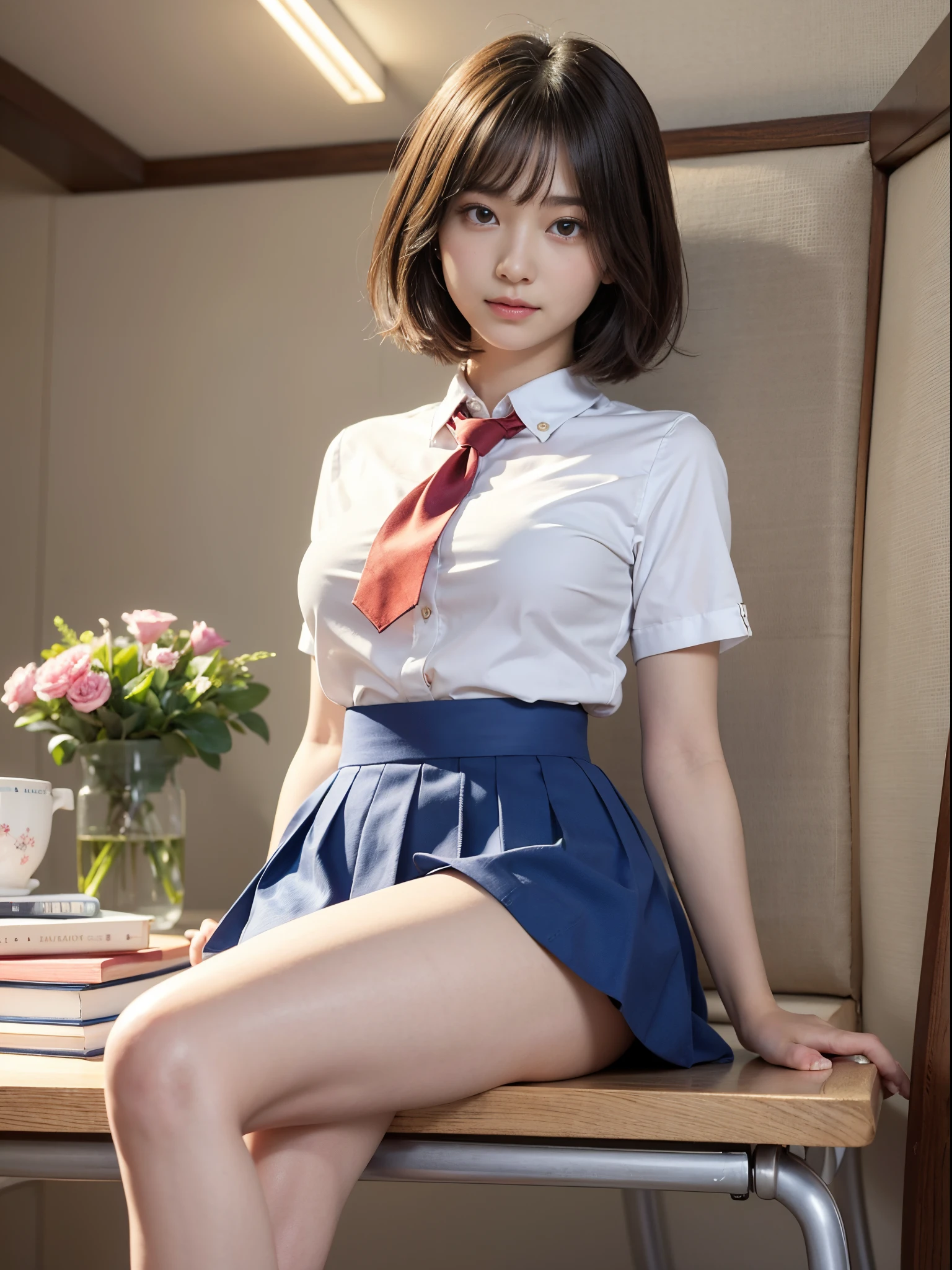 masutepiece、top-quality、ultra-definition、((a 18 year old girl、Beautiful detailed girl))、Smile、short-hair、beautiful detailed eyes and face、extremely detailed eye、Well-formed and cute face:1.2、japanes、goddess of Japan、small head、with round face、hight resolution、tre anatomically correct、accurate depiction、crossing legs and Sitting on the desk、Young gravure idols、poseing、校服、White shirt、Blue skirt、Red tie、White pants、You can see the pants here、bare-legged、large full breasts、Perfect body、good hands good feet、masutepiece、softlighting