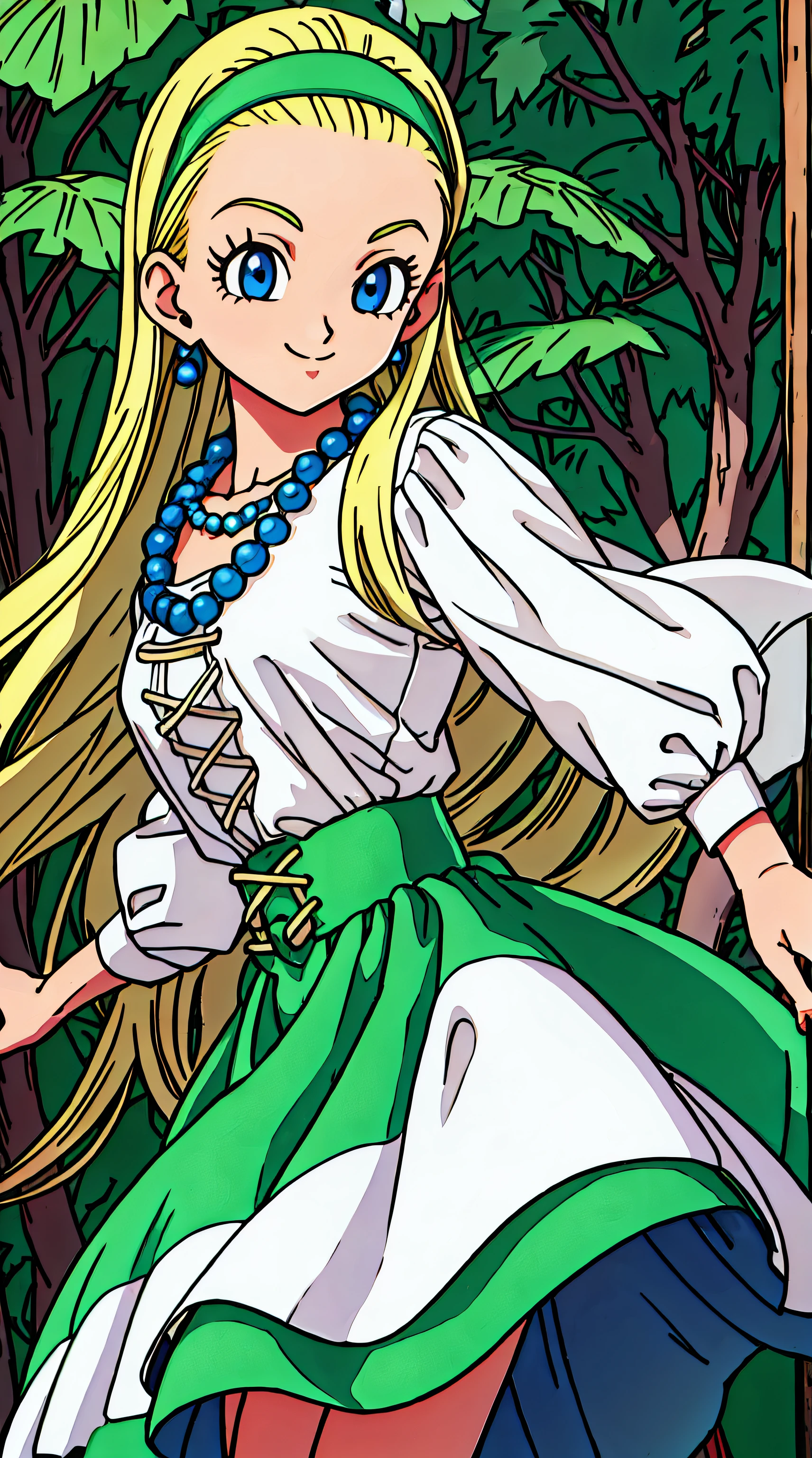 close-up,Lace,Panties,Skirt_lift, 鳥山明, Serena Doc, 1girl in, Blonde long hair, Hair pulled back, Blue eyes, bead, Necklace, earrings, Green Hair Band. Green and white costume, long  skirt, Super masterpiece, Highly detailed, Highest Quality, One girl&#39;s art full color anime, looking at the viewers, Innocent, forest and grassland:1.5, Laugh, Portrait, Looking at Viewer, Spread Leg, itting open legs,