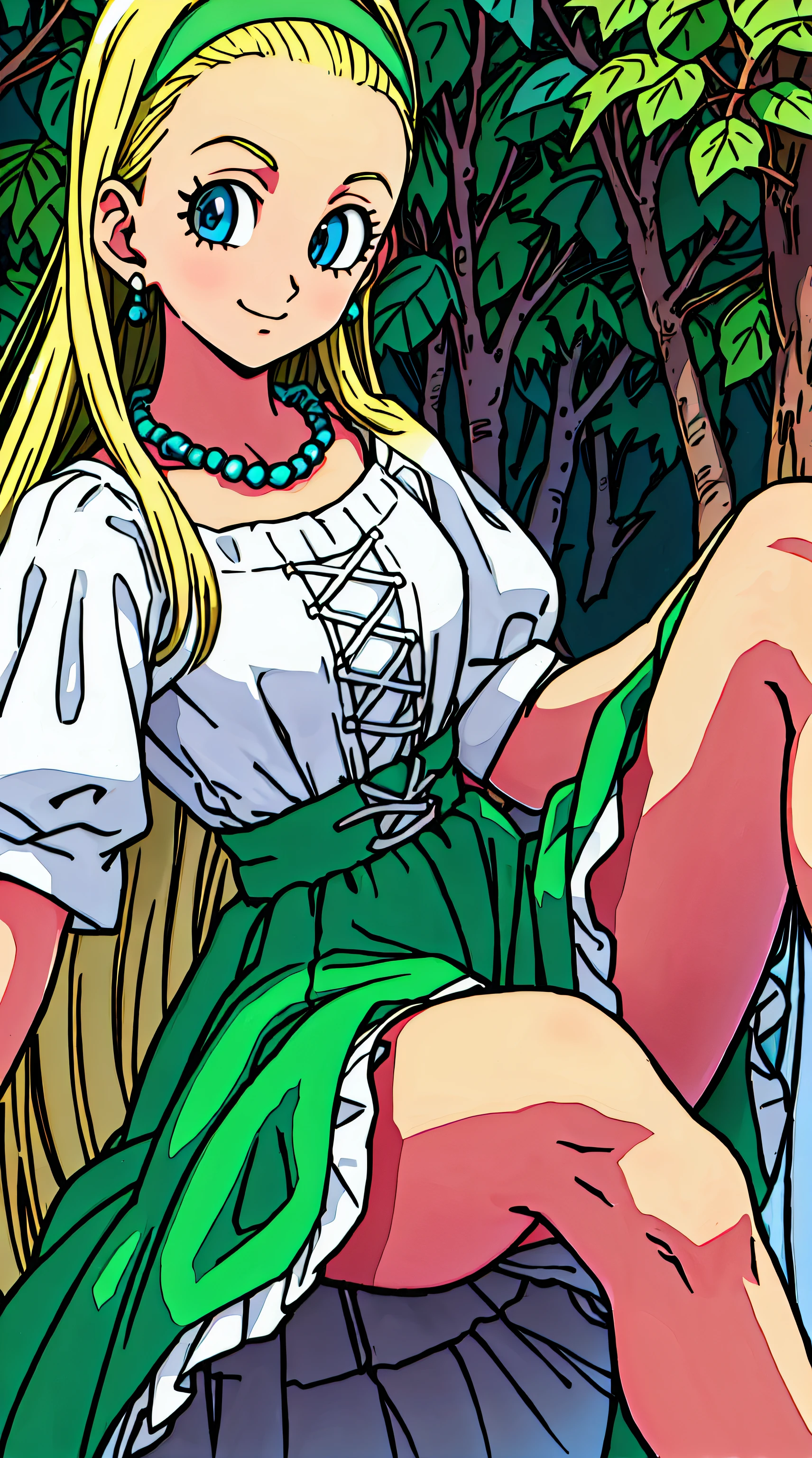 close-up,Lace,Panties,Skirt_lift, 鳥山明, Serena Doc, 1girl in, Blonde long hair, Hair pulled back, Blue eyes, bead, Necklace, earrings, Green Hair Band. Green and white costume, long  skirt, Super masterpiece, Highly detailed, Highest Quality, One girl&#39;s art full color anime, looking at the viewers, Innocent, forest and grassland:1.5, Laugh, Portrait, Looking at Viewer, Spread Leg, itting open legs,