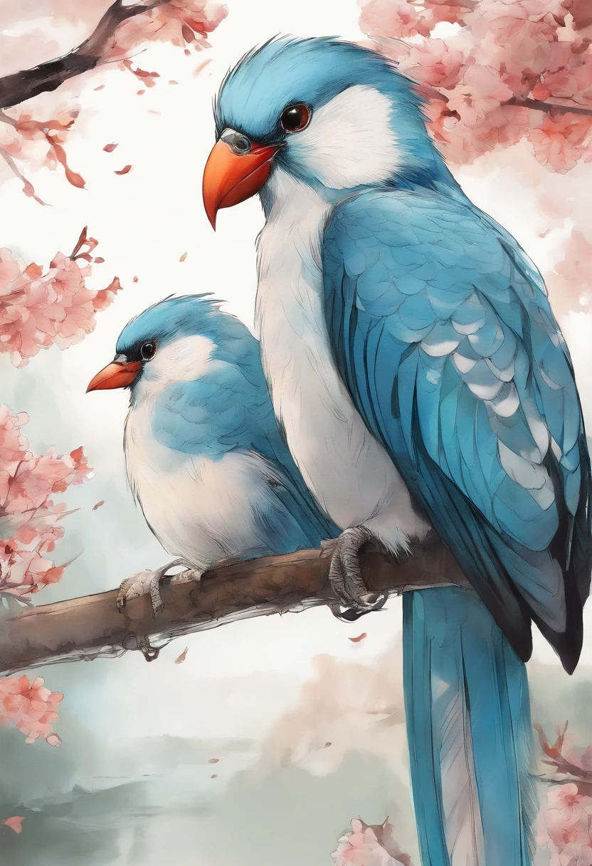 birds, Japan Manga Style, sketching, Watercolor Colors.