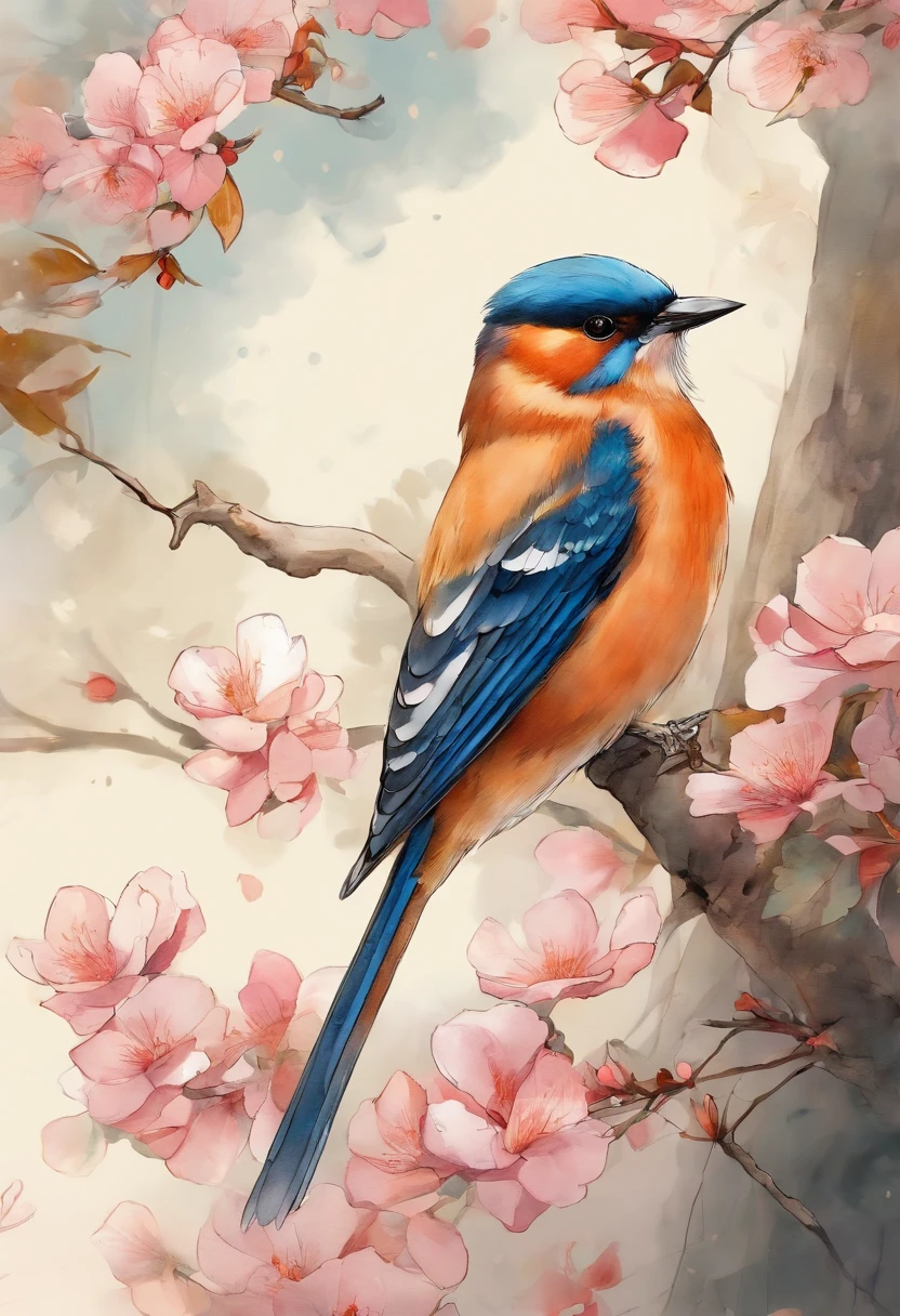birds, Japan Manga Style, sketching, Watercolor Colors.