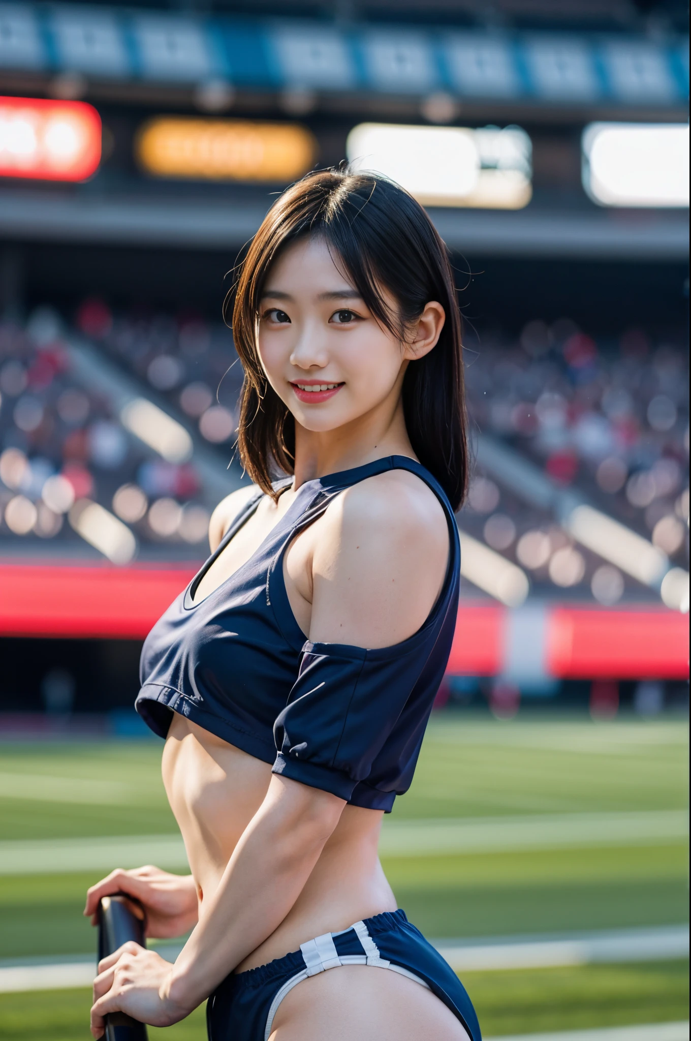 Candid photo of japanese girl, wearing nothing, crop top, with captivating
eyes, smiling amidst a bustling city, upper body
framing, in a stadium, golden hour
lighting:1.3), shot at eye level, on a Fujifilm X-T4
with a 50mm lens, in the style of Alfred Stieglitz