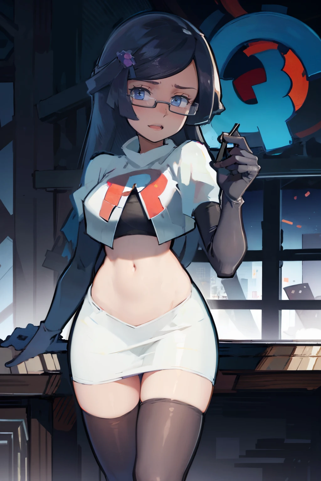 fennel_pk, glasses, team rocket,team rocket uniform, red letter R, white skirt,white crop top,black thigh-highs,black elbow gloves, sinister villianess look,
