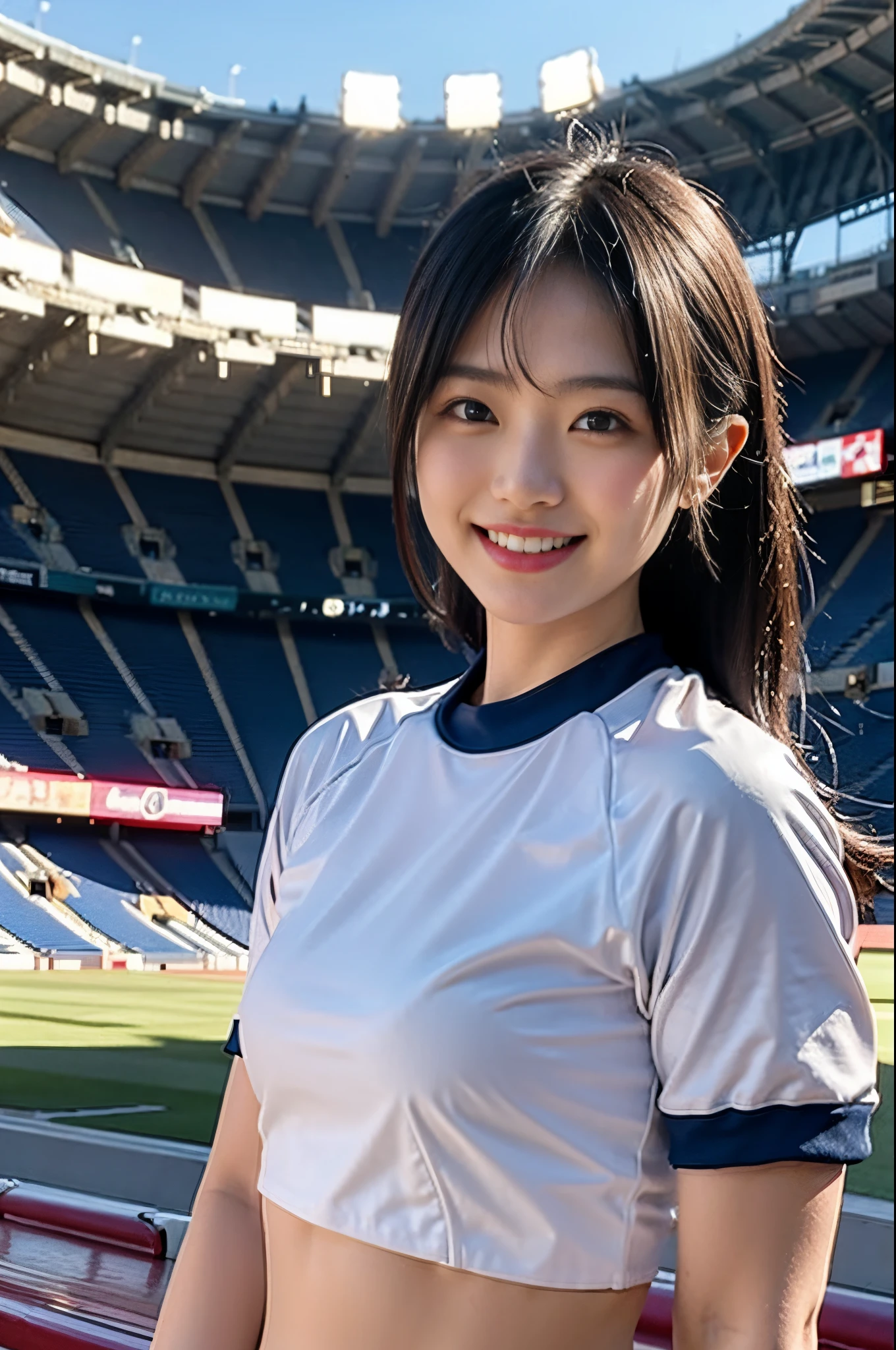 Candid photo of japanese girl, wearing nothing, crop top, with captivating
eyes, smiling amidst a bustling city, upper body
framing, in a stadium, golden hour
lighting:1.3), shot at eye level, on a Fujifilm X-T4
with a 50mm lens, in the style of Alfred Stieglitz