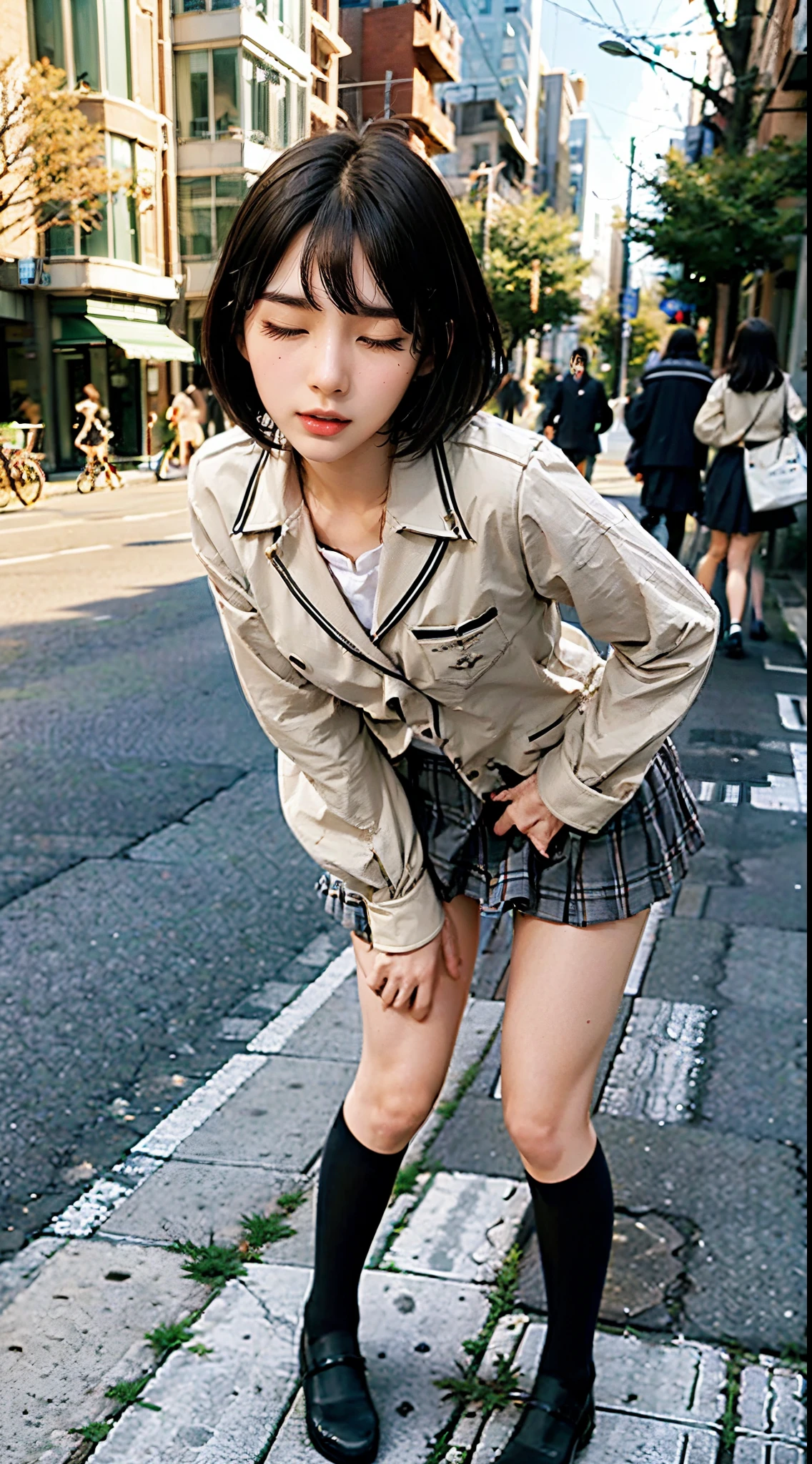 ((shool uniform)), In the street, (Eyes closed, Open mouth, posture of leaning forward), 1womanl, 独奏, 18year old, 7headed body, Ideal ratio body proportions, erectile nipple, Sexy body, short-hair, A dark-haired, small tits, A slender, Small buttocks, beauty legs, Skinny Legs, surrealism, Cinematic lighting, depth of fields, One-person viewpoint, F/1.8, 135 mm, nffsw, masutepiece, ccurate, Anatomically correct, Textured skin, Super Detail, high details, High quality, awardwinning, Best Quality, hight resolution, 8K