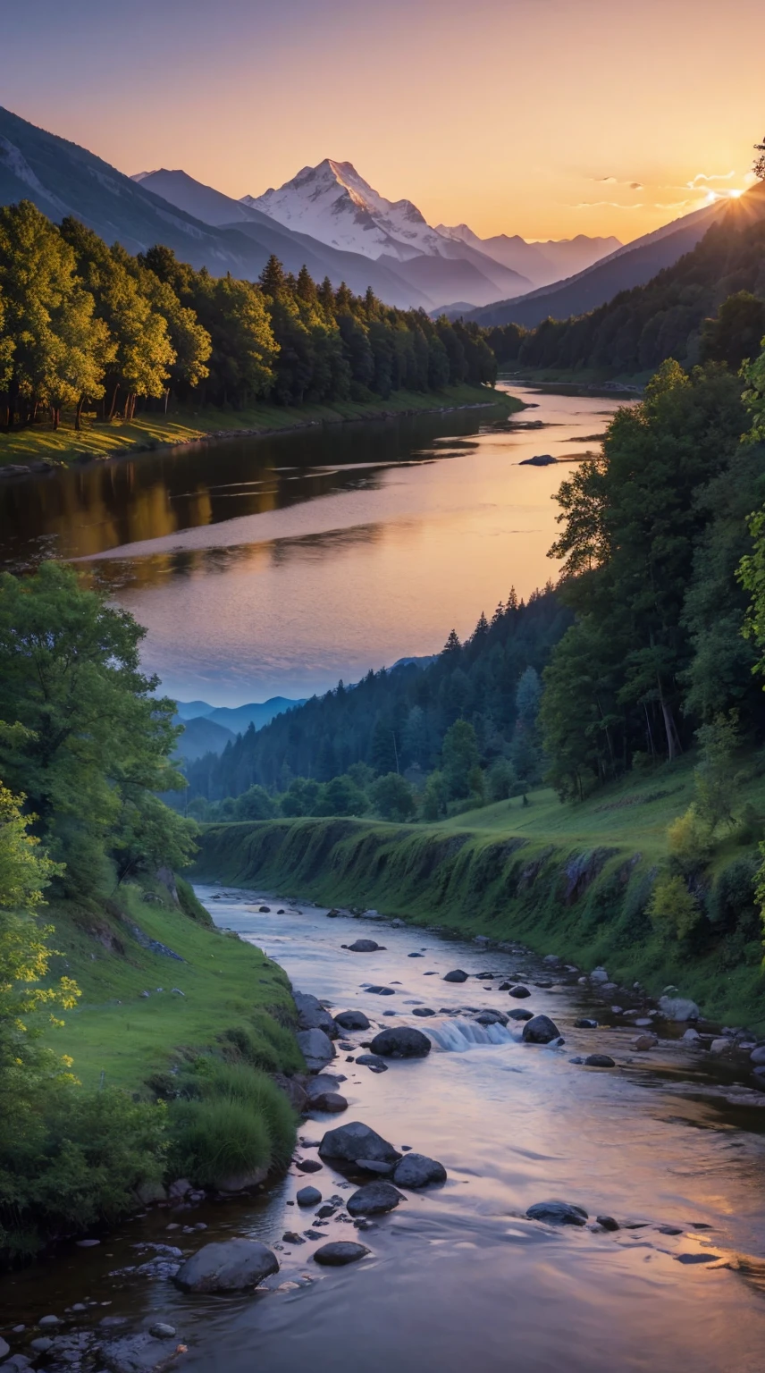 Landscape painting of mountains and river at sunset,Realistic reality,Close to nature