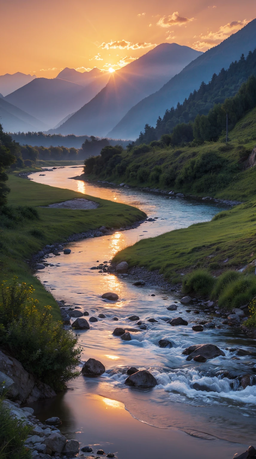 Landscape painting of mountains and river at sunset，Realistic reality，Close to nature