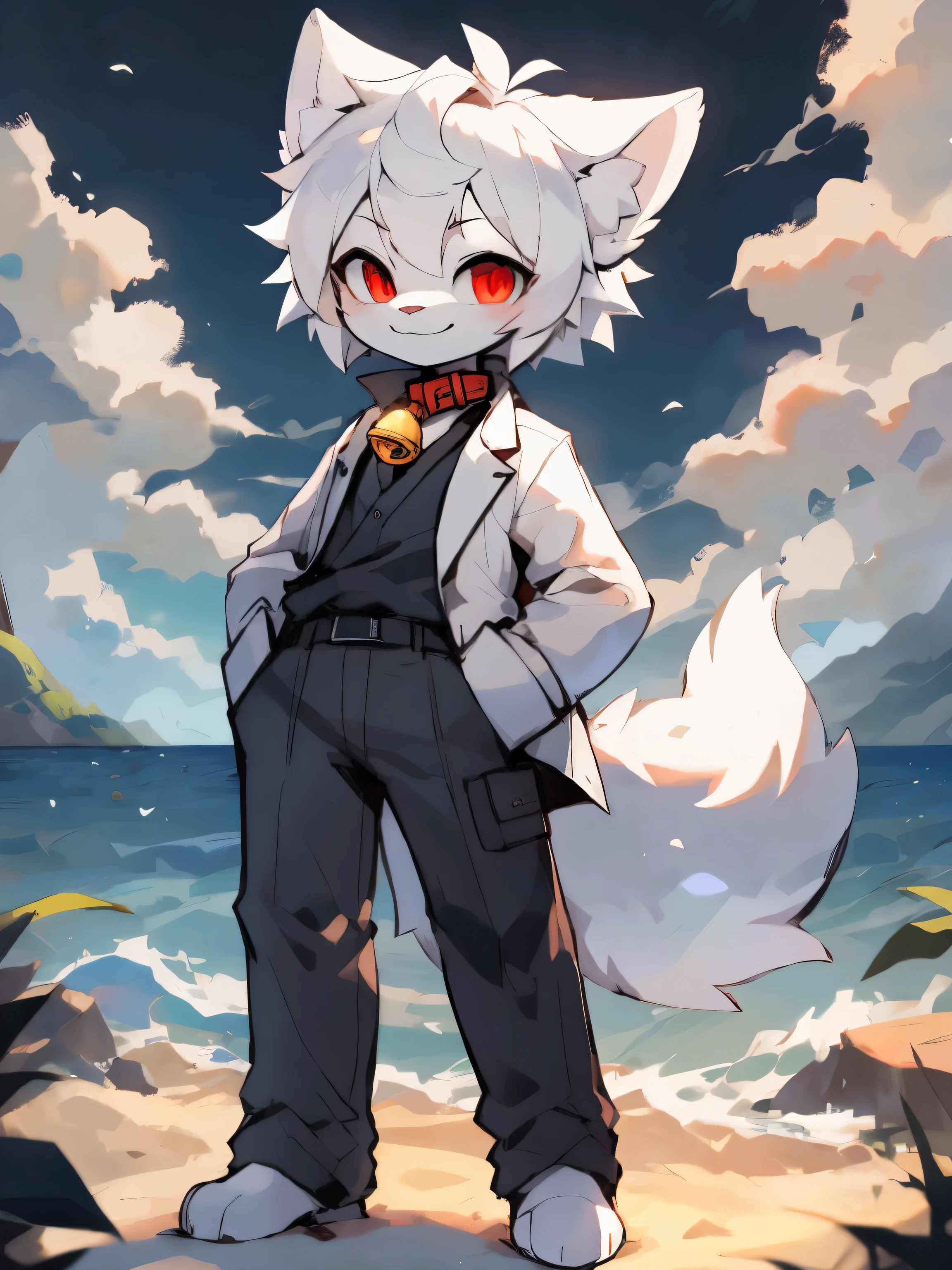 （16 years old boy）Beautiful and detailed portrait，white color hair, 16k，are standing,face to the viewer，Red pupils，white wolf big ears，White Wolf Tail（White color blouse，black long pants，Black lab coat），（There is a red collar，There is a yellow bell on it）Full body lesbian，beach seaside background，ssmile