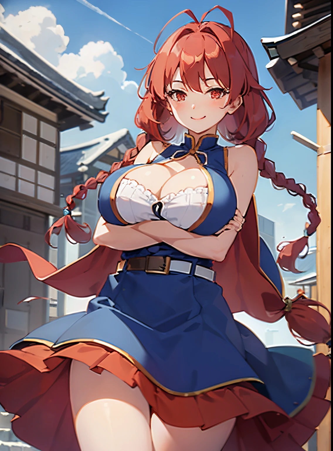 anime girl with medium length red hair, two braids, blue dress with a deep neckline and a wide brown skirt, holding your chest from below with both hands, BREAK red eyes, red medium hair with two braids, Two pigtails, blue dress(deep cleavage) with a white stripe near the neckline, wide brown skirt, wide brown belt with a buckle in the form of a golden qian, Flushed, ((Huge-breasts)), Realistic, Komachi Onozuka, from touhou, Komachi Onozuka!!, BREAK ((winks and smiles)), looking a viewer, ((holding her breasts, arms crossed underneath her)), ((breast overflow)), BREAK stands in a square next to ancient Japanese buildings.