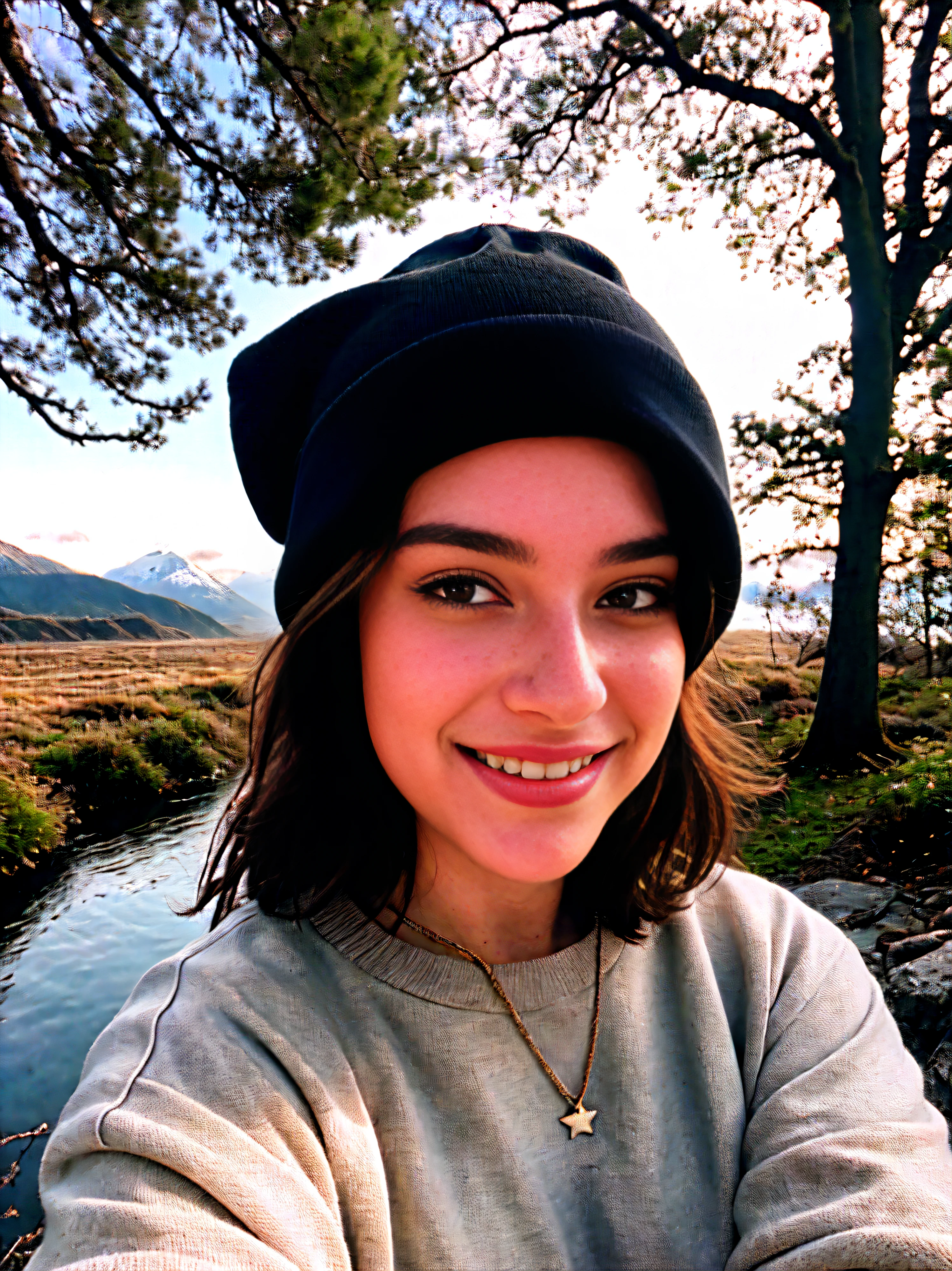 photore, Pictures of beautiful women, self-shot, The upper part of the body, Alone, wearing pullover, Outdoor activities, (the night), mont, real life nature, As estrelas, themoon, (cheerfulness, Happy), mitts, Sweaters, Beanie, ln the forest, Rochas, flod, wood, smokes, Foggy sections, sunny clear sky, analogue style, looking at viewert, skin texture, filmgrain, closeup cleavage, 超高分辨率, The best shadow, RAW photogr, Instagram lookup table