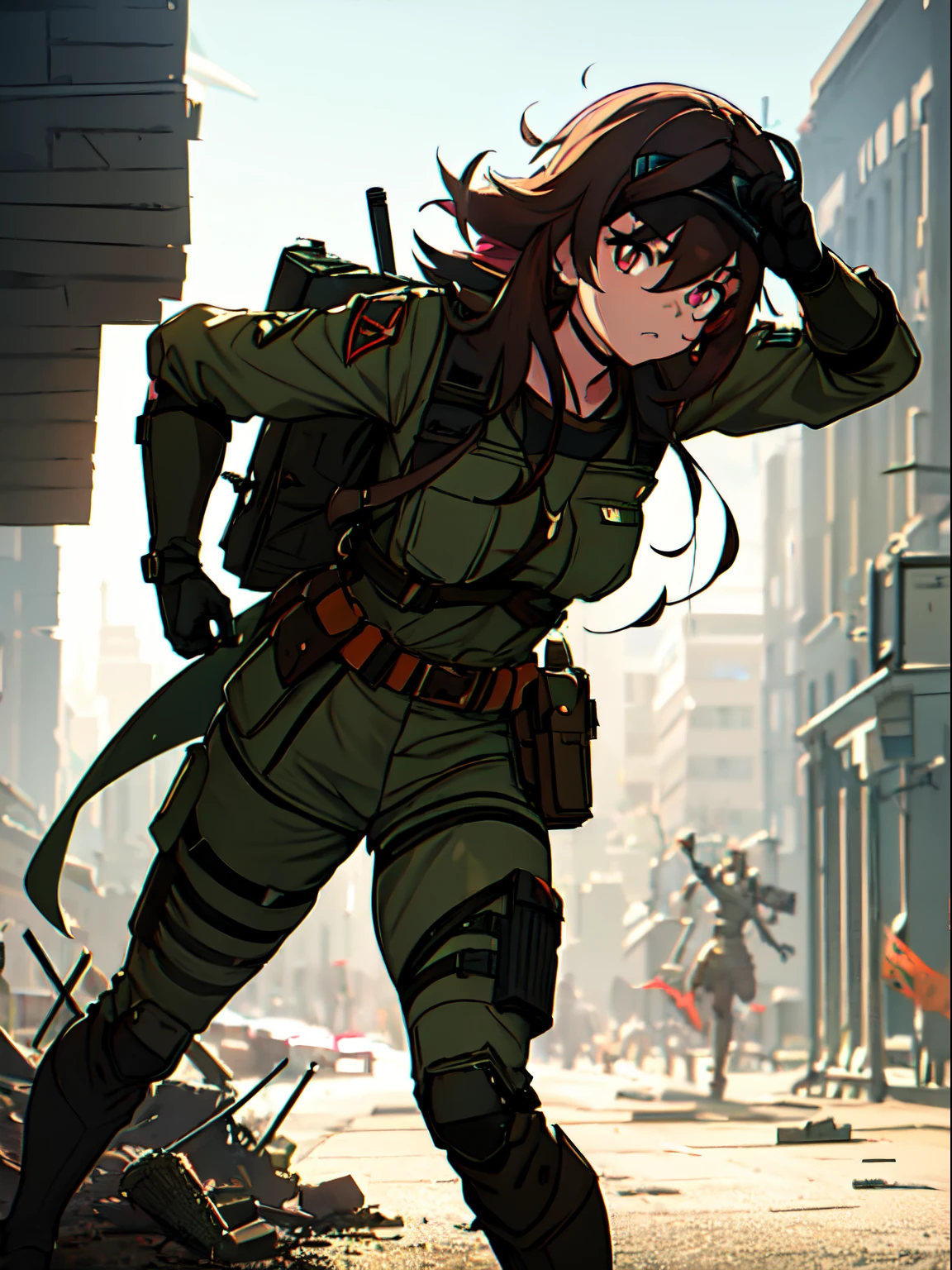 (a) girl soldier in the war, battle-ready, fierce determination, equipped with modern weaponry, military camouflage uniform, armored vest, combat boots, helmet, goggles, tactical gloves, rifle slung over her shoulder, military dog tags, radio communicator, bulletproof vest, utility belt, knee and elbow pads (b) Illustration, realistic, high-res, ultra-detailed, professional artwork, fine brush strokes, intricate details, vibrant colors, dynamic composition, dramatic lighting, shadows, realistic facial features, lifelike eyes, intense expression, determined gaze, detailed hair, wind-blown effect (c) War-torn landscape, destroyed cityscape, remnants of buildings, smoke-filled sky, rubble and debris, broken glass, shattered walls, burning vehicles, explosions in the background, warzone ambiance, flying bullet tracers, flying debris, dust clouds, sparks (d) Action scene, running forward, battle-ready pose, gun pointing forward, weapon in hand, confident strides, dirt and dust flying, dynamic movement, adrenaline pumping, intensity, focus, determination (e) Emotional context, resilience, bravery, heroism, sacrifice, dedication, courage under fire, women empowerment, fighting for a cause, sisterhood, camaraderie, unity, strength, victory (f) War-themed artwork, military concept art, gritty realism, war movie stills, war documentary photography, war journalism, war hero illustrations, war propaganda imagery, war memorabilia, war history, war paintings, military-themed exhibitions (g) Color palette, muted and earthy tones, camouflage colors, olive green, khaki, brown, dark gray, black, pops of vibrant red or orange for explosions and muzzle flashes, dynamic lighting with strong highlights and deep shadows (h) Lighting, dramatic and dynamic lighting, harsh sunlight or artificial light sources, long shadows, backlit scenes, chiaroscuro, glimmering reflections on armor and weapons, illuminated dust particles, atmospheric lighting effects (i) Additional details, military insign