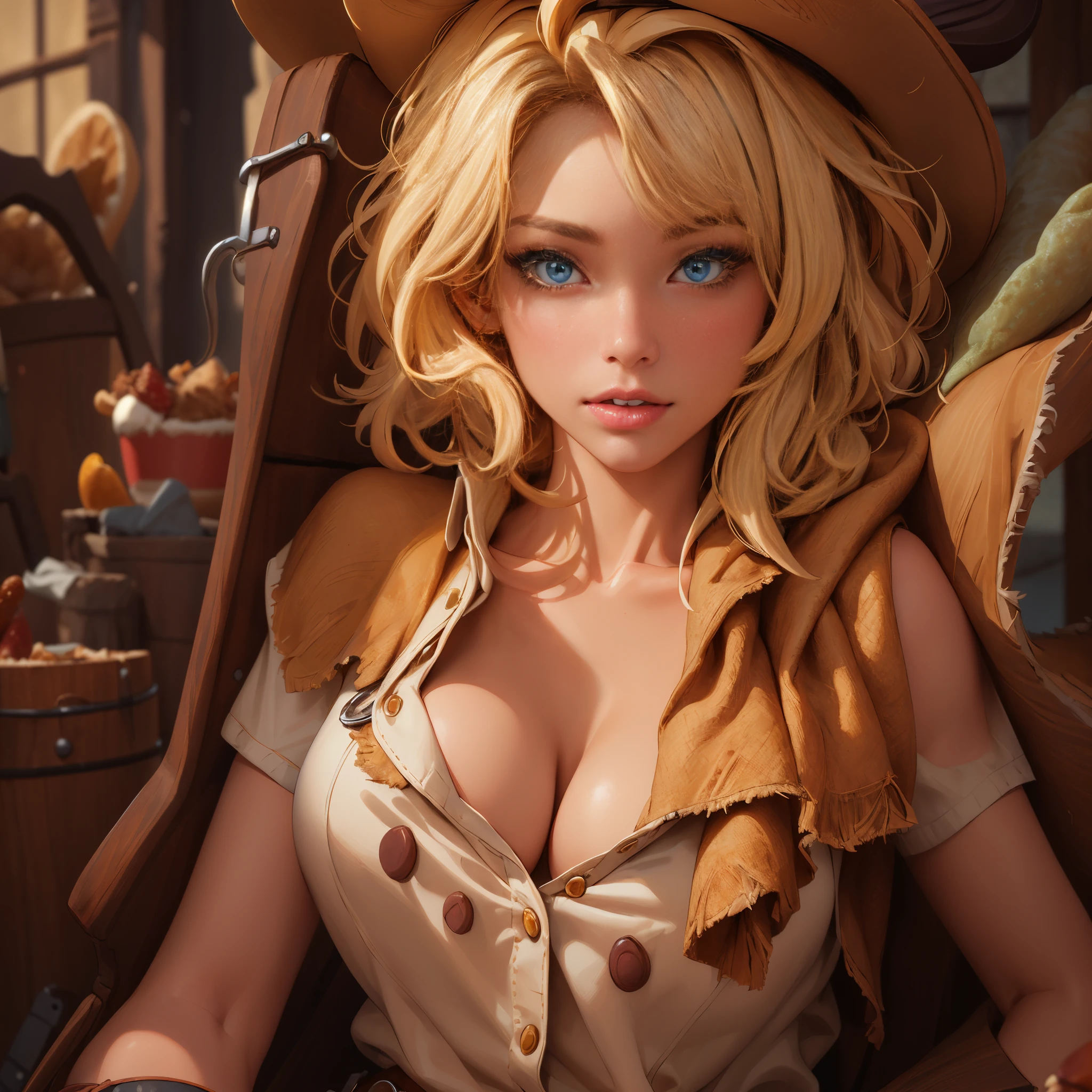 (masterpiece, best quality:1.4), absurdres, highres, ultra detailed, beautiful, 1girl, (cowboy, cowboy western, cowboy hat:1.4), (perfect face, detailed face, beautiful:1.3), (blue eyes, golden hair, bangs, hair intakes, short hair), (natural breasts, cleavage), collarbone, brown vest ,collared shirt, fingerless gloves, gloves, hat, navel, neckerchief, red neckerchief, revolver, short shorts, shorts, thick thighs, thighs, multiple belts, (desert:1.4),