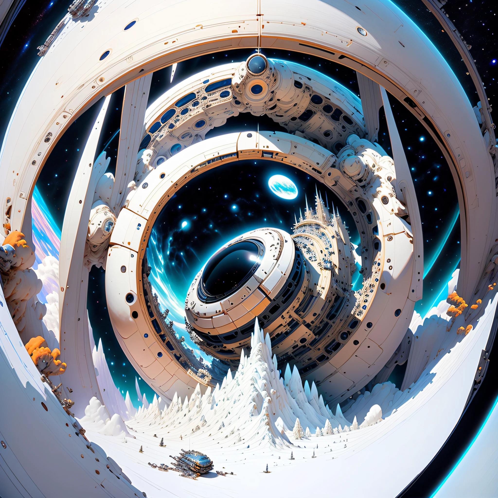 star base, In orbit of a supermassive black hole with a beautiful accretion disk, uma base similar to uma esfera de Dyson, Futuristic all-metal base, In the vacuum of space.