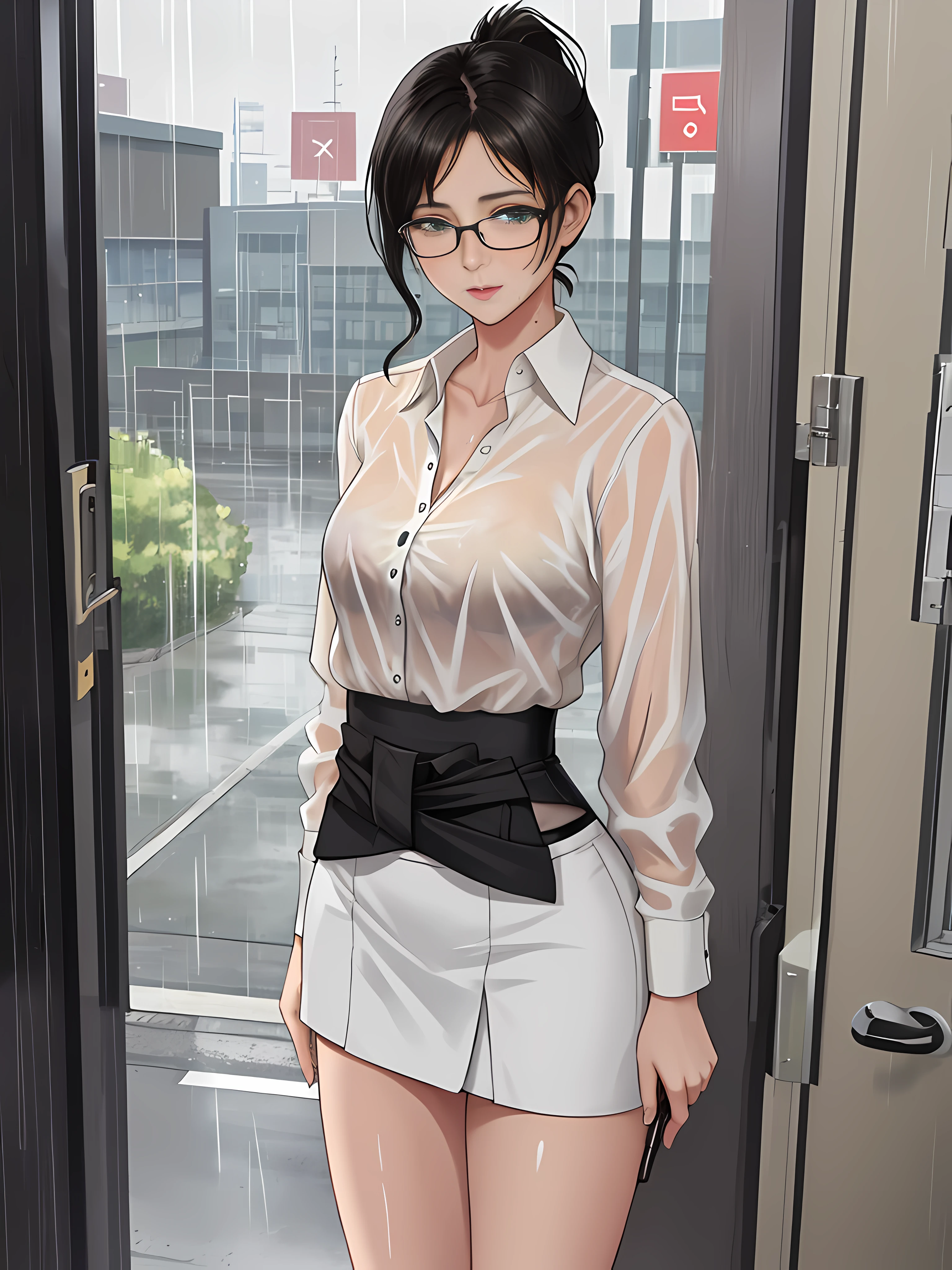 una mujer hermosa, oficinista, en la entrada de un edificio de oficinas, bajo un aguacero torrencial, sexy, pelo negro corto recogido en una cola de caballo, gafas, ojos verdes, blusa blanca ajustada con escote, falda corta ajustada color beige, Hourglass Athletic Body, pecho grande, small waist, cadera media, piernas bien formadas, Enrojecida, sudor y ropa y cuerpo mojados, coqueta y lujuriosa, Translucent house with water.