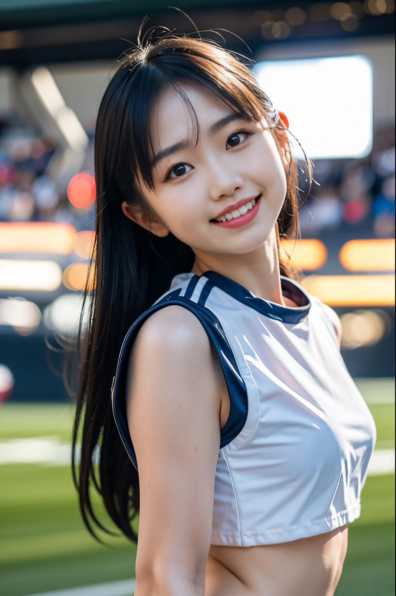 Candid photo of japanese girl, wearing nothing, crop top, with captivating
eyes, smiling amidst a bustling city, upper body
framing, in a stadium, golden hour
lighting:1.3), shot at eye level, on a Fujifilm X-T4
with a 50mm lens, in the style of Alfred Stieglitz