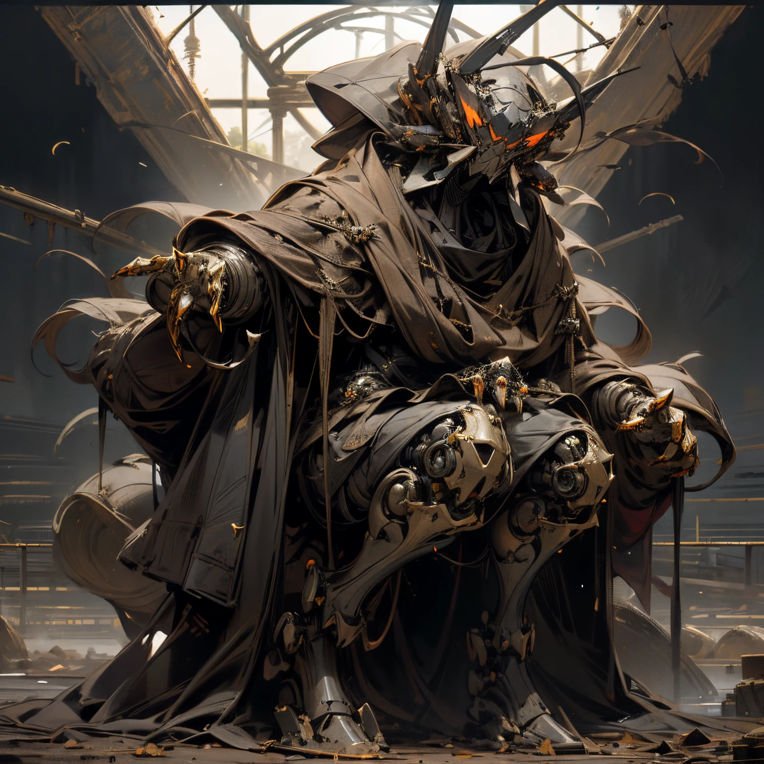 ((Robot that has four legs)), angular frame, mil-spec, very large curving horns, five eyes, (wide bow-like head), good posture, surrounded by mounds of black sand, in a desert, grime, rusted body, wearing cloak, ragged, dented body, ((has 4 large spider legs)), large build, (wide shoulders), more than four limbs, has battle damage, very big body, masculine, damaged, crazy oracle