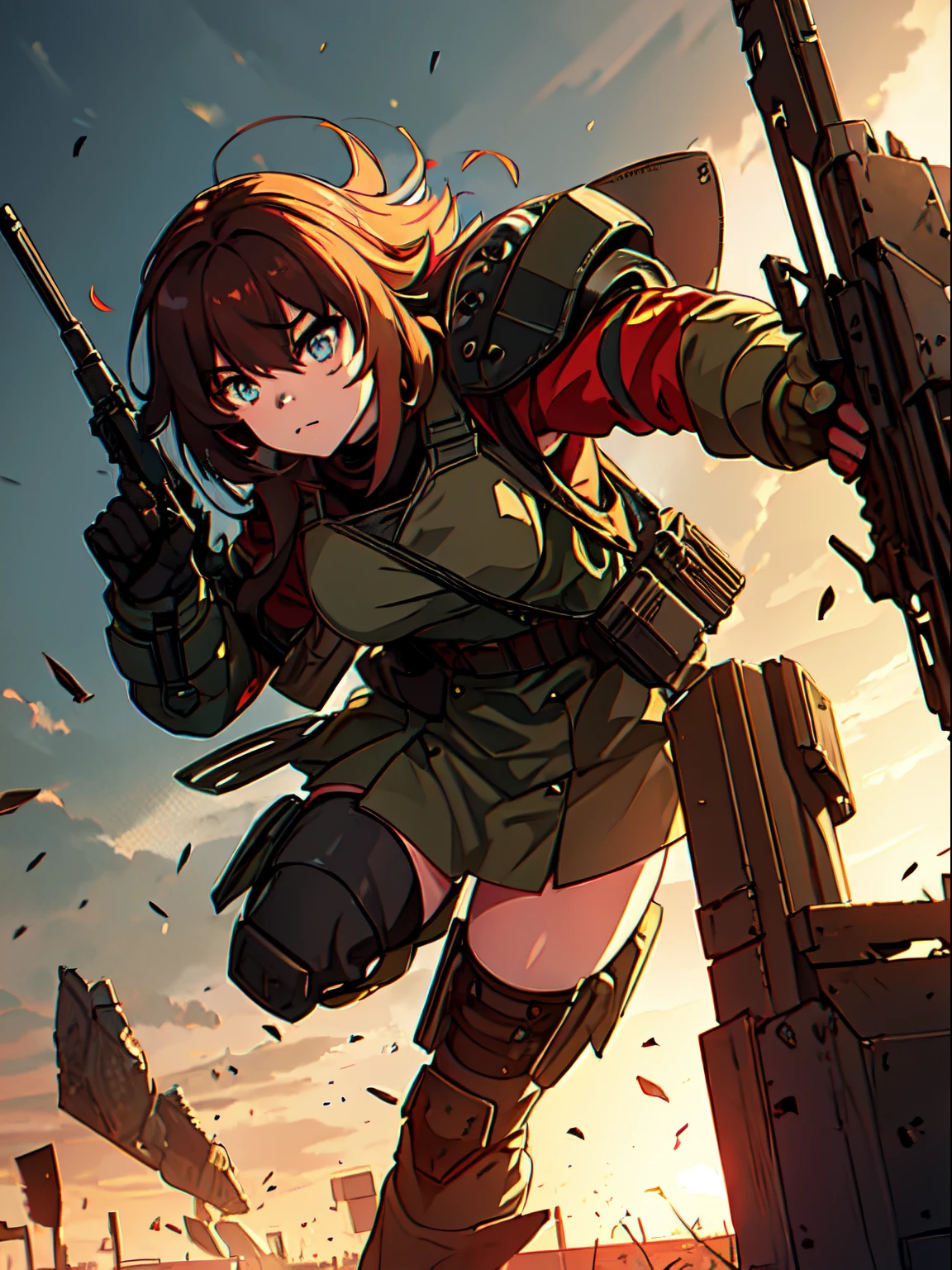 (a) girl soldier in the war, battle-ready, fierce determination, equipped with modern weaponry, military camouflage uniform, armored vest, combat boots, helmet, goggles, tactical gloves, rifle slung over her shoulder, military dog tags, radio communicator, bulletproof vest, utility belt, knee and elbow pads (b) Illustration, realistic, high-res, ultra-detailed, professional artwork, fine brush strokes, intricate details, vibrant colors, dynamic composition, dramatic lighting, shadows, realistic facial features, lifelike eyes, intense expression, determined gaze, detailed hair, wind-blown effect (c) War-torn landscape, destroyed cityscape, remnants of buildings, smoke-filled sky, rubble and debris, broken glass, shattered walls, burning vehicles, explosions in the background, warzone ambiance, flying bullet tracers, flying debris, dust clouds, sparks (d) Action scene, running forward, battle-ready pose, gun pointing forward, weapon in hand, confident strides, dirt and dust flying, dynamic movement, adrenaline pumping, intensity, focus, determination (e) Emotional context, resilience, bravery, heroism, sacrifice, dedication, courage under fire, women empowerment, fighting for a cause, sisterhood, camaraderie, unity, strength, victory (f) War-themed artwork, military concept art, gritty realism, war movie stills, war documentary photography, war journalism, war hero illustrations, war propaganda imagery, war memorabilia, war history, war paintings, military-themed exhibitions (g) Color palette, muted and earthy tones, camouflage colors, olive green, khaki, brown, dark gray, black, pops of vibrant red or orange for explosions and muzzle flashes, dynamic lighting with strong highlights and deep shadows (h) Lighting, dramatic and dynamic lighting, harsh sunlight or artificial light sources, long shadows, backlit scenes, chiaroscuro, glimmering reflections on armor and weapons, illuminated dust particles, atmospheric lighting effects (i) Additional details, military insign