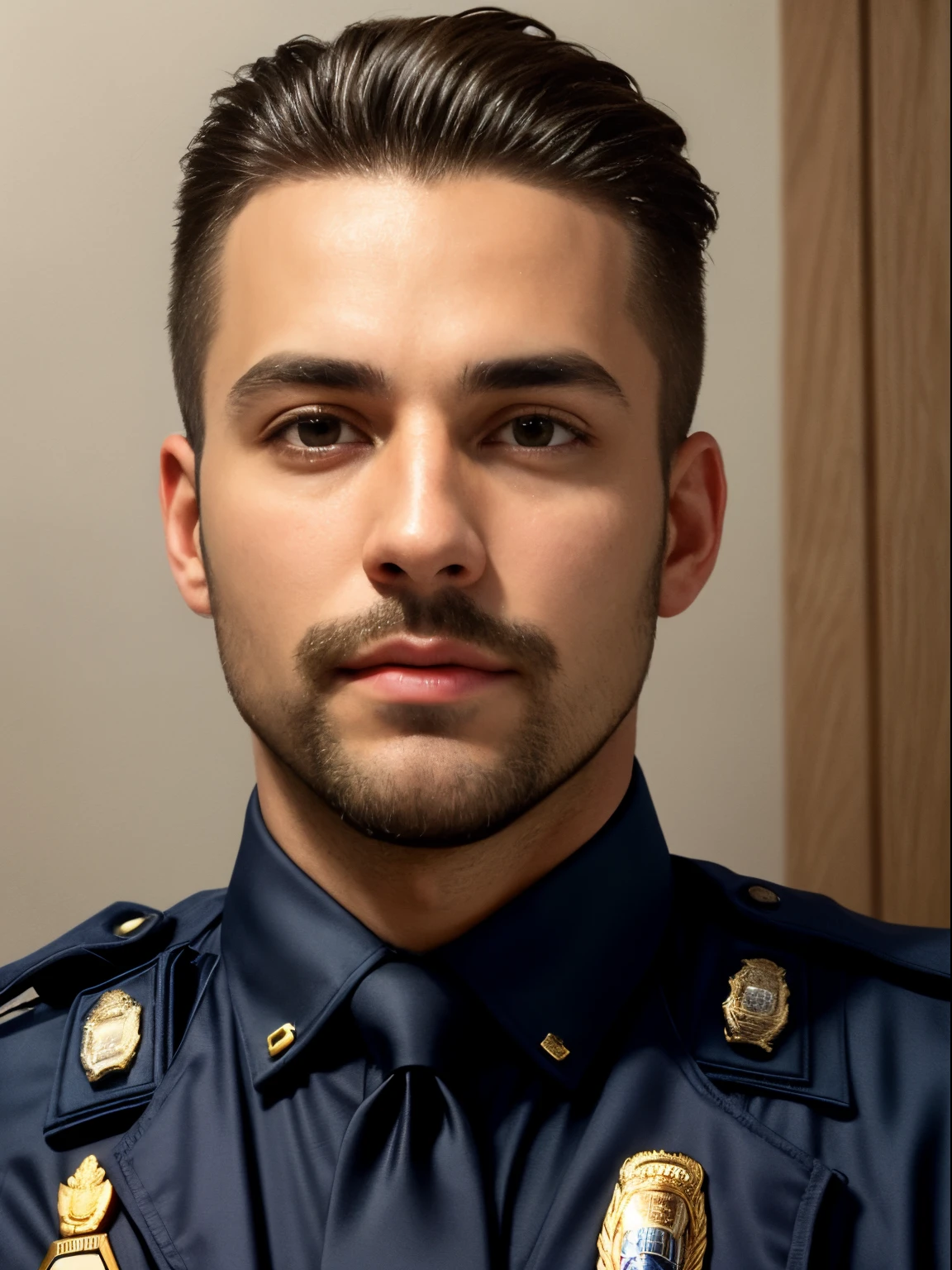 masterpiece, best quality, high resolution, closeup portrait, male focus, solo focus, A man, 20 years old man, in unbuttoned police uniform, cop, police, policeman, blonde bleached hair, messy hairstyle, cute and seductive face, bare chest, body hair, facial hair, roman nose, very skinny body, hairy legs, dimples, goatee, beard, bold jawline , in the background a dark room, soft light, view from below, amazing composition, front view, HDR, ultra quality, elegant, highly detailed