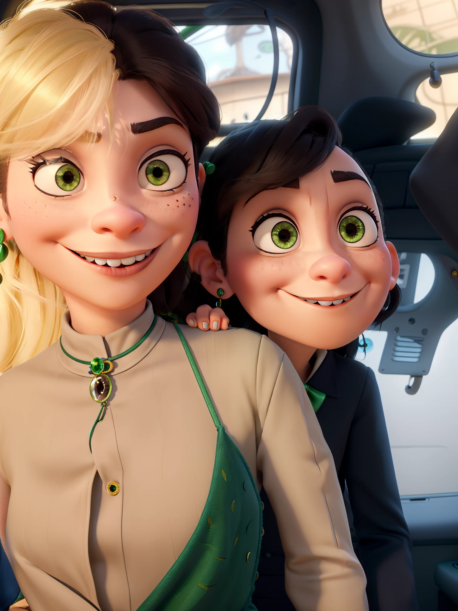 mom and son Disney Pixar, delgada, vestido verde esmeralda, large brown eyes, long eyeslashes, cabello rizado recogido, con collar, long earrings and nose piercing, hijo, very short bald hair, ojos grandes, long eyeslashes, tez blanca, black suit and emerald bow