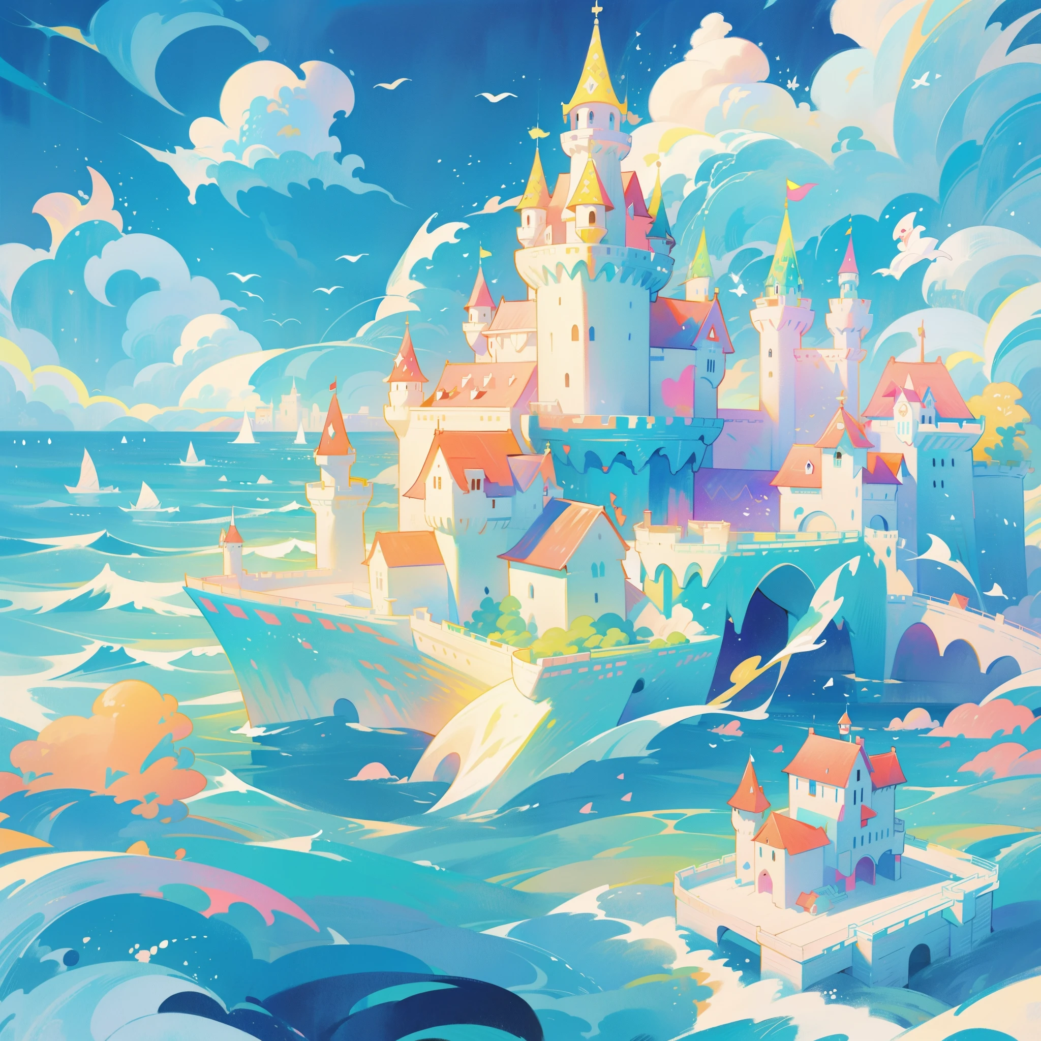 picture book illustration, watercolor storybook illustration, ((seaside castle)), (ocean beach), ((fantasy castle)), fairytale towers, clouds, vibrant pastel colors, dream, colorful, whimsical, magical, masterpiece, best quality, sharp focus, intricately detailed environment, fine detail, 8k resolution, (colorful), cute