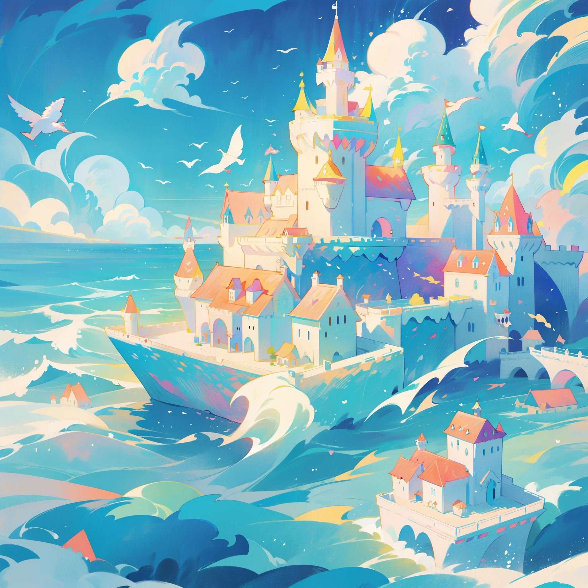 picture book illustration, watercolor storybook illustration, ((seaside castle)), (ocean beach), ((fantasy castle)), fairytale towers, clouds, vibrant pastel colors, dream, colorful, whimsical, magical, masterpiece, best quality, sharp focus, intricately detailed environment, fine detail, 8k resolution, (colorful), cute