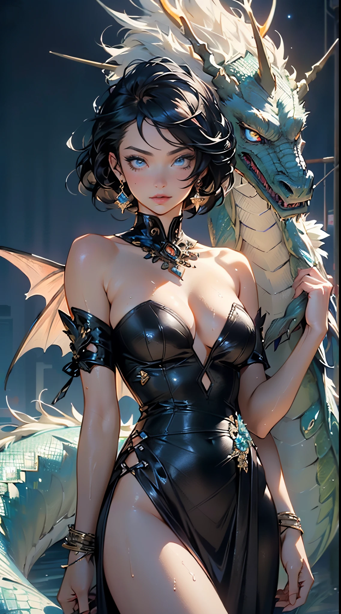 woman in evening dress,((((woman accompanied by a tiny pet dragon:1.5)))),(((1woman))),((beautiful woman)),woman,1female,((milf,mom,mature,mature woman,45 years old female,adult)),
(large breasts:1.4),saggy breasts,(((black hair:1.4,hi-top fade Haircut:1.5,hi-top fade:1.5,Mohawk:1.5))),(((blue_eyes:1.3))),intricate eyes,beautiful detailed eyes,symmetrical eyes,((fat)),(((lustrous skin:1.5,bright skin: 1.5,skin tanned,shiny skin,very shiny skin,shiny body,plastic glitter skin,exaggerated shiny skin,illuminated skin,wet legs))),(spider lower abdomen,narrow waist,wide hip,imbo body,inflated legs,detailed body,(detailed face)),
cute,slutty,seductive,erotic,(((nsfw))),evil woman, villain, ambitious look,
((strapless draped long dress)),metallic blue dress,(((deep neckline,cleavage))),((wet clothes,intricate outfit,intricate clothes,ornate outfit,ornate clothes,embroidered outfit,embroidered clothes)),
(dynamic pose:1.0),solo focus,((smug)),(centered,scale to fit dimensions,Rule of thirds),
cyberpunk city by the ocean at night, with bright neon signs and dark stormy clouds and puddles, scenery:1.25,nighttime, starry night, cosmos,Very dark night that makes the neon lights stand out, very bright neon lights,nighttime, starry night, cosmos,
highres, sharp focus, (ultra detailed, extremely detailed), (photorealistic artwork:1.37),(extremely detailed CG unity 8k wallpaper),((synthwave background theme)),(((vibrant colors))),(intricate background),(masterpiece),(best quality),