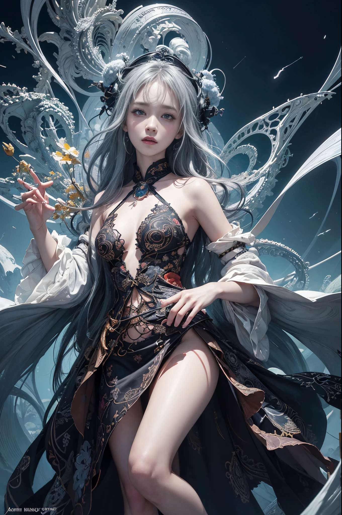 official art, unity 8k wallpaper, ultra detailed, beautiful and aesthetic, masterpiece, best quality, (zentangle, mandala, tangle, entangle), (fractal art:1.3) , 1girl, extremely detailed, dynamic angle, cowboyshot, the most beautiful form of chaos, elegant, a brutalist designed, vivid colours, romanticism, by james jean, roby dwi antono, ross tran, francis bacon, michal mraz, adrian ghenie, petra cortright, gerhard richter, takato yamamoto, ashley wood, atmospheric, ??????? of musical notes, streaming musical notes visible
