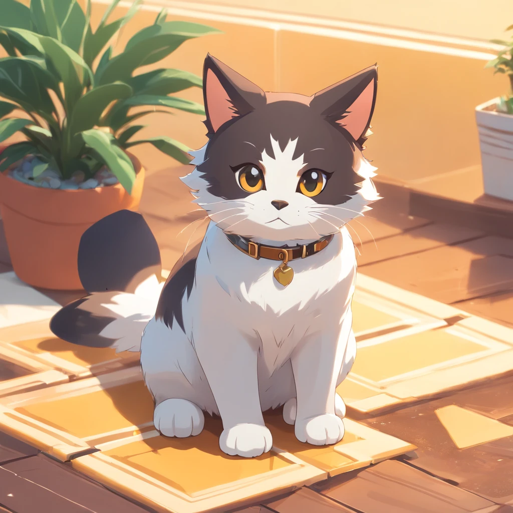 Cute isometric cat emoticon, tuxedo jack, black and white cat, Fluffy and cute, Kitten fell down and closed eyes across soft golden background, soft and muted colors, 3d icon clay render, springtime: 120mm, 3d blender render, Trending on Polycount, modular constructivism, Orange background, physically-based renderingt,