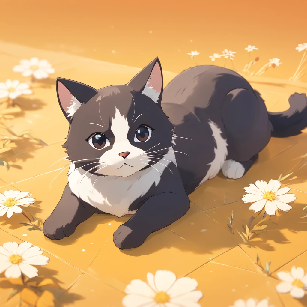 Cute isometric cat emoticon, tuxedo jack, black and white cat, Fluffy and cute,     Kitten fell down and closed eyes across soft golden background, soft and muted colors, 3d icon clay render, springtime: 120mm, 3d blender render, Trending on Polycount, modular constructivism, Orange background, physically-based renderingt,