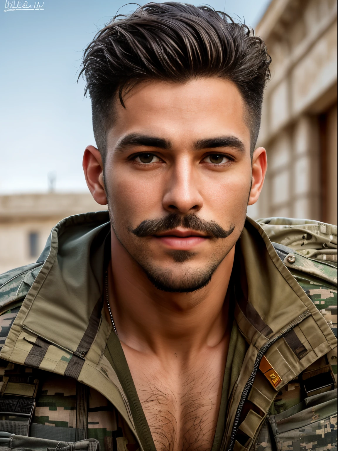 masterpiece, best quality, high resolution, closeup portrait, male focus, solo focus, A man, 25 years old, with military clothes, soldier, blonde bleached hair, messy hairstyle, cute and seductive face, bare chest, body hair, facial hair, roman nose, very skinny body, hairy legs, dimples, goatee and mustache, bold jawline , in the background a millitary camp and other soldiers, view from below, amazing composition, front view, HDR, ultra quality, elegant, highly detailed
