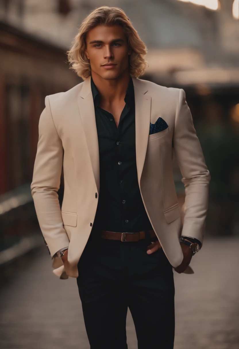 A short, slim guy, tanned and soft skin, somewhat long wavy blond hair, small back, somewhat wide hips, pretty thighs, somewhat large ass, bicep, cute face / tender at the club, in a blazer